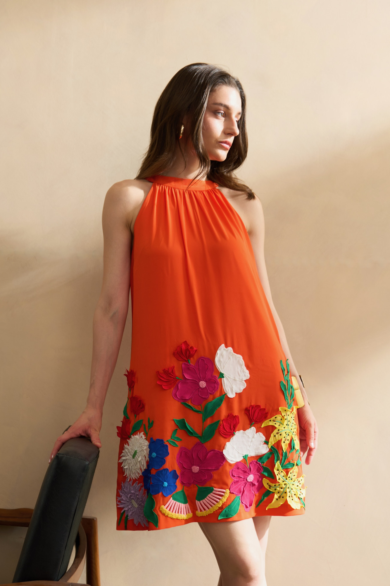 GARDEN OF SICILIA TANGERINE COLOR SHIFT DRESS WITH DELICATE MULTI COLOR FLORAL EMBROIDERY