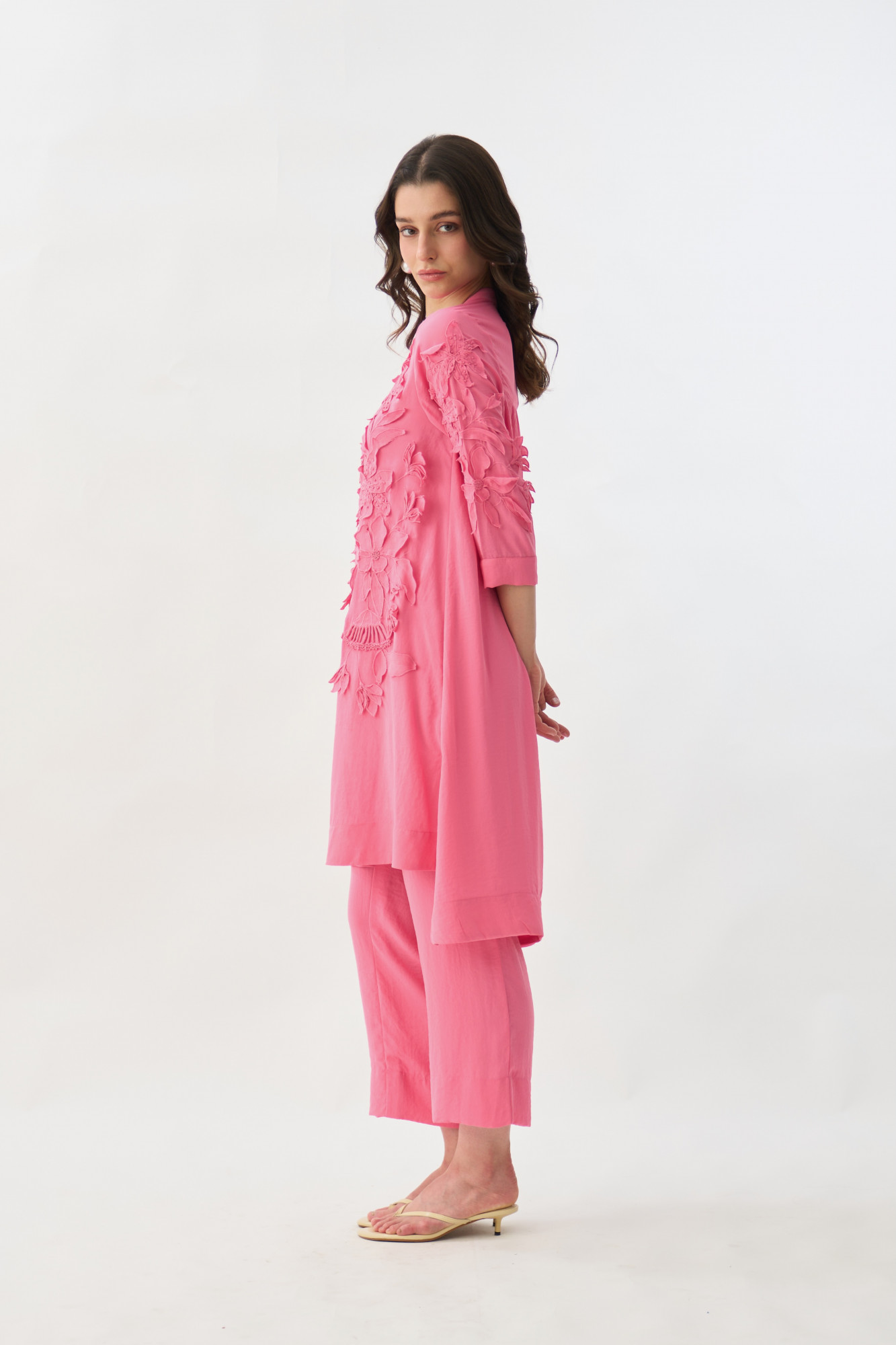 GARDEN OF SICILIA PINK TUNIC AND PANT CO-ORD SET WITH DELICATE FLORAL EMBROIDERY
