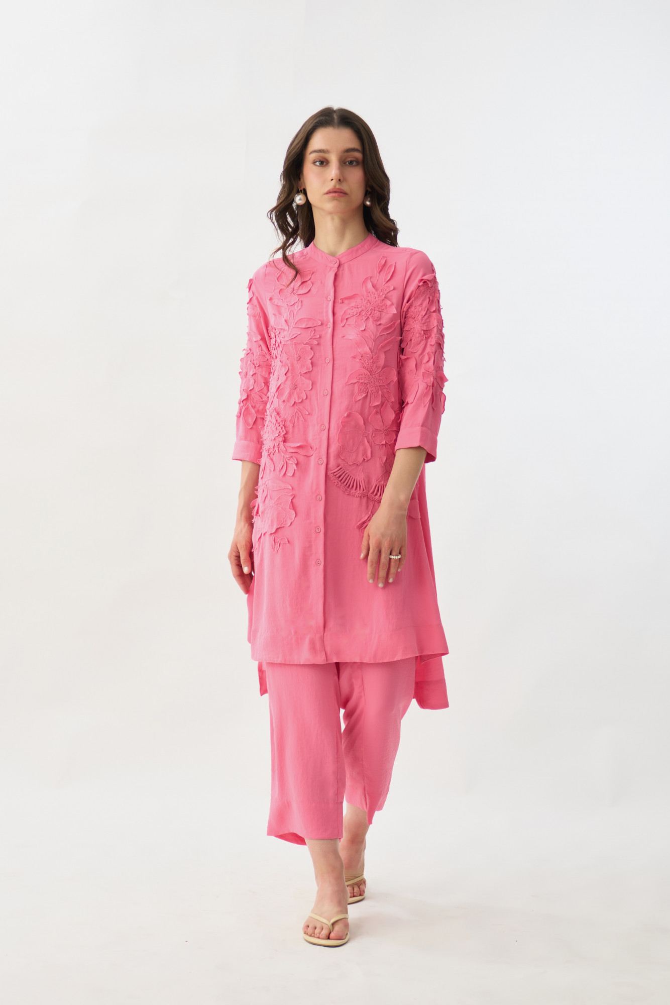 GARDEN OF SICILIA PINK TUNIC AND PANT CO-ORD SET WITH DELICATE FLORAL EMBROIDERY