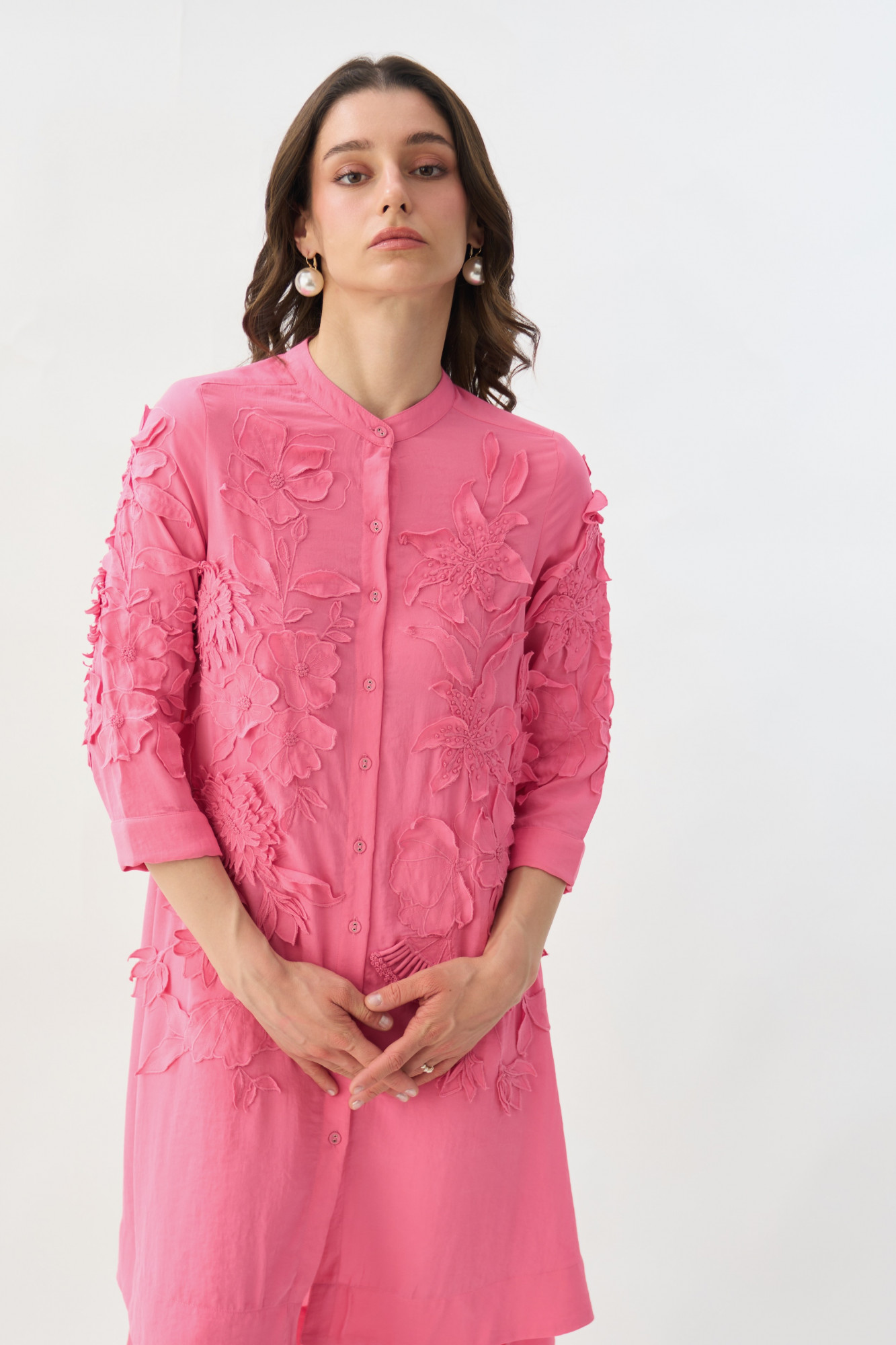 GARDEN OF SICILIA PINK TUNIC AND PANT CO-ORD SET WITH DELICATE FLORAL EMBROIDERY