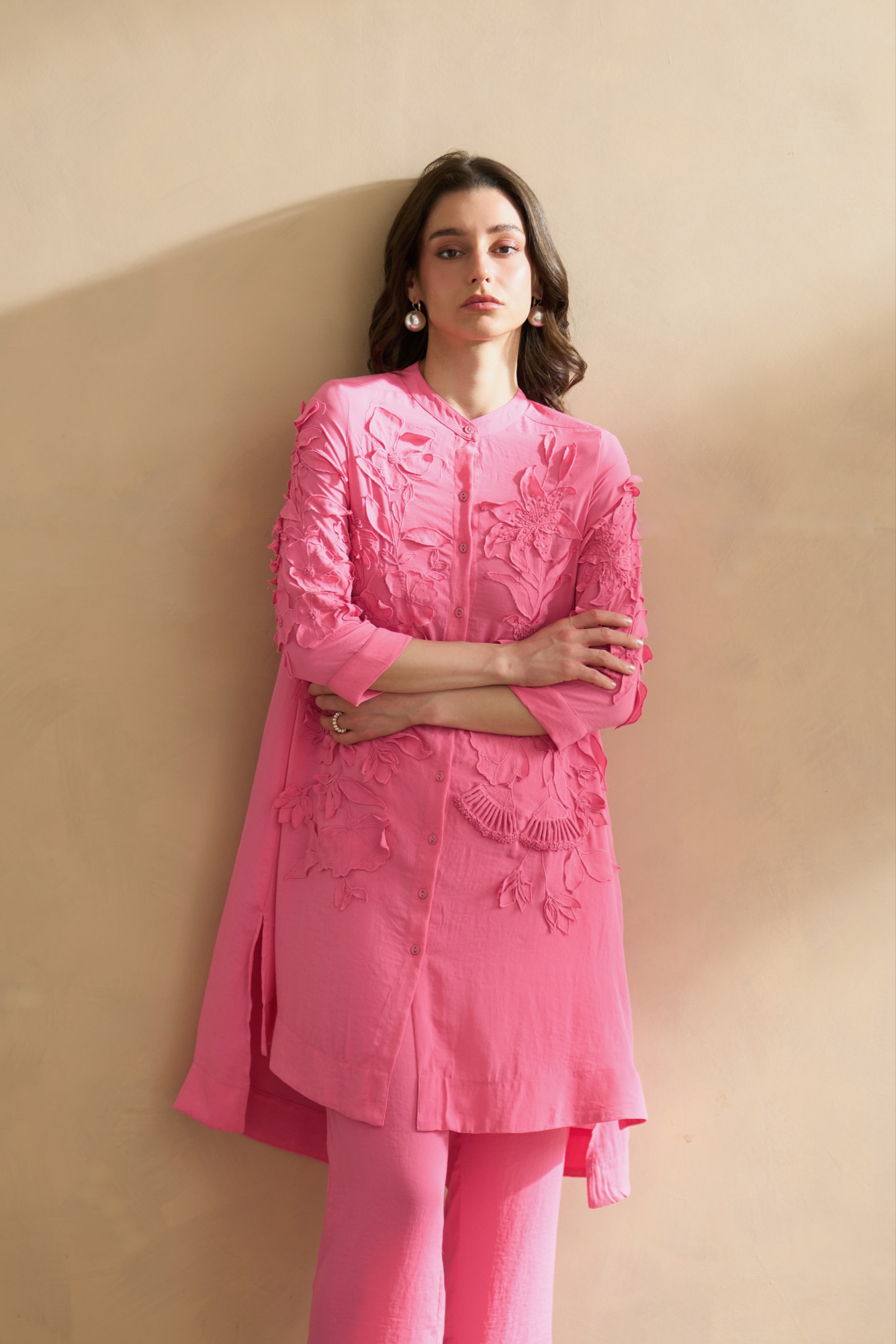 GARDEN OF SICILIA PINK TUNIC AND PANT CO-ORD SET WITH DELICATE FLORAL EMBROIDERY