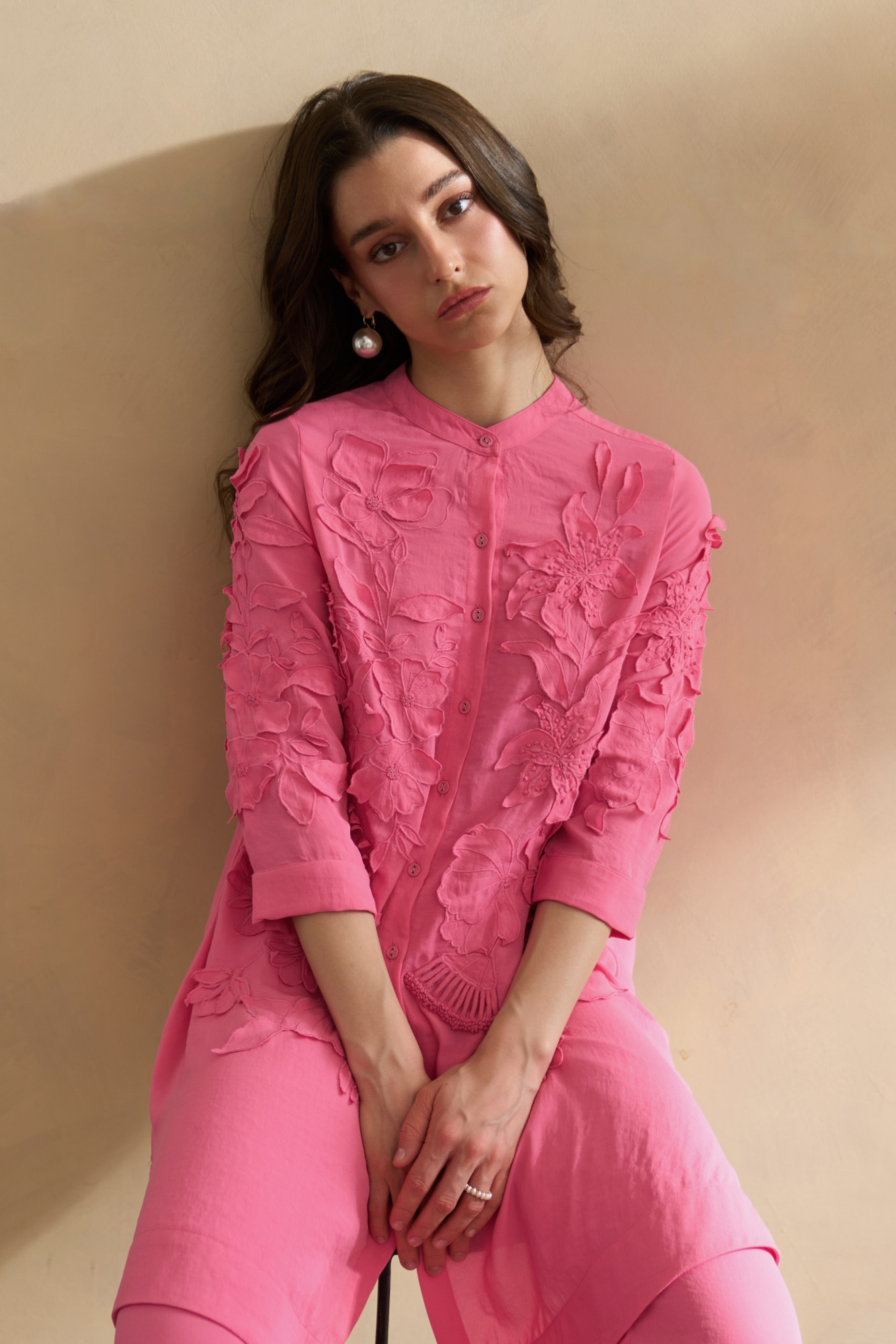 GARDEN OF SICILIA PINK TUNIC AND PANT CO-ORD SET WITH DELICATE FLORAL EMBROIDERY