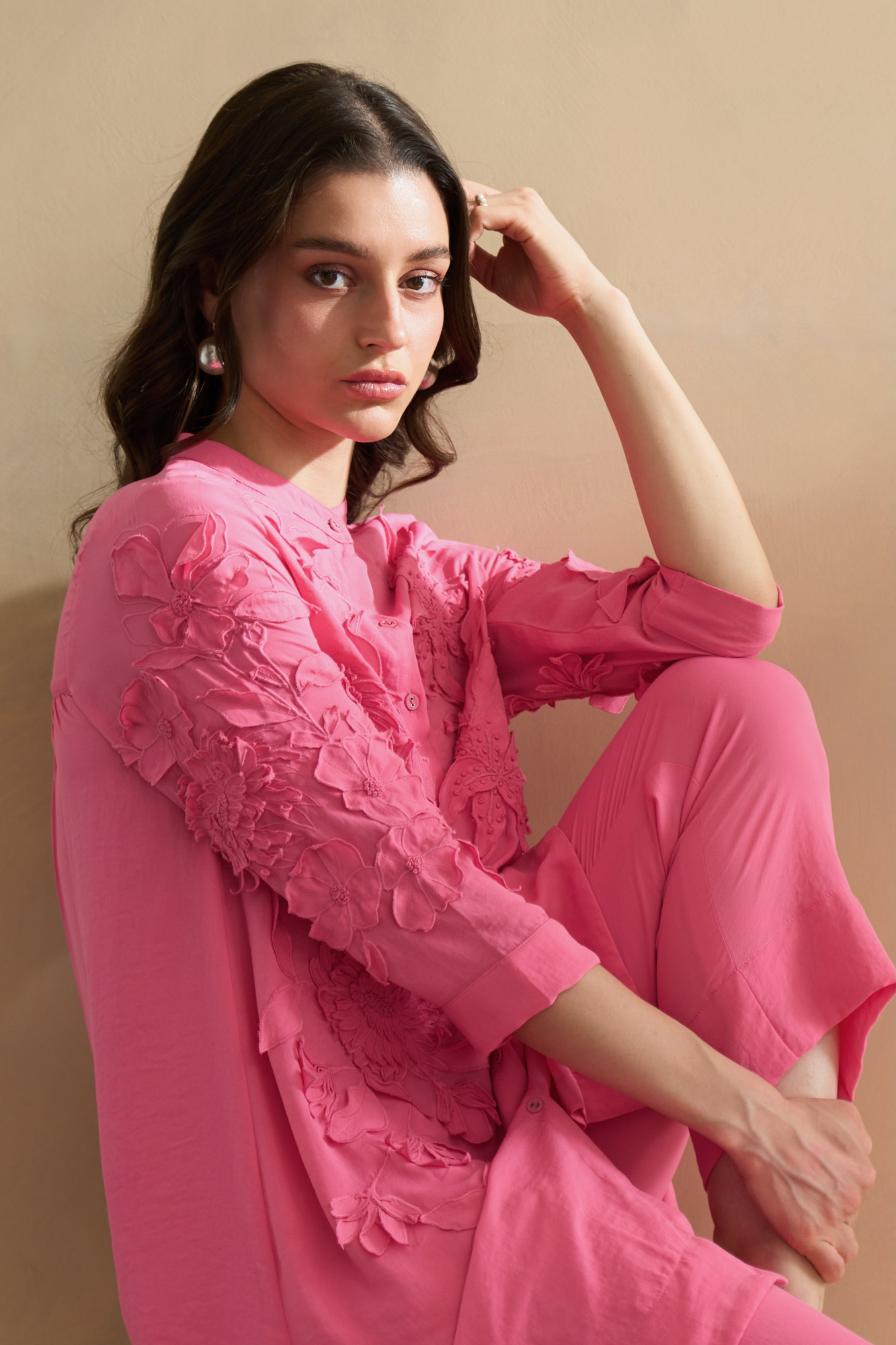 GARDEN OF SICILIA PINK TUNIC AND PANT CO-ORD SET WITH DELICATE FLORAL EMBROIDERY