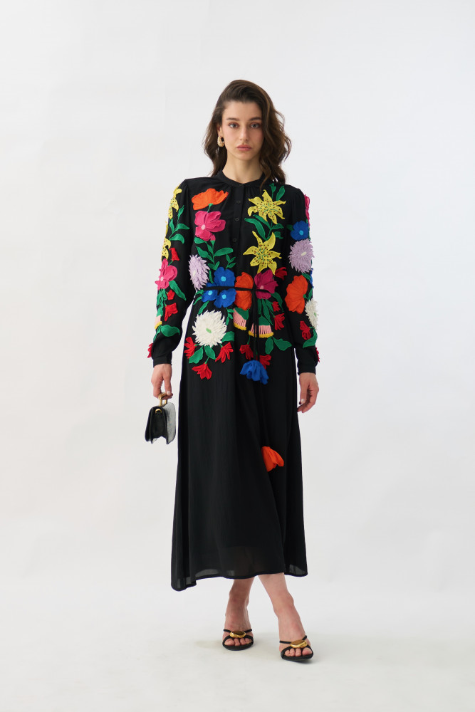 Image of GARDEN OF SICILIA BLACK MIDI LENGTH SHIRT DRESS WITH DELICATE MULTI COLOR FLORAL EMBROIDERY