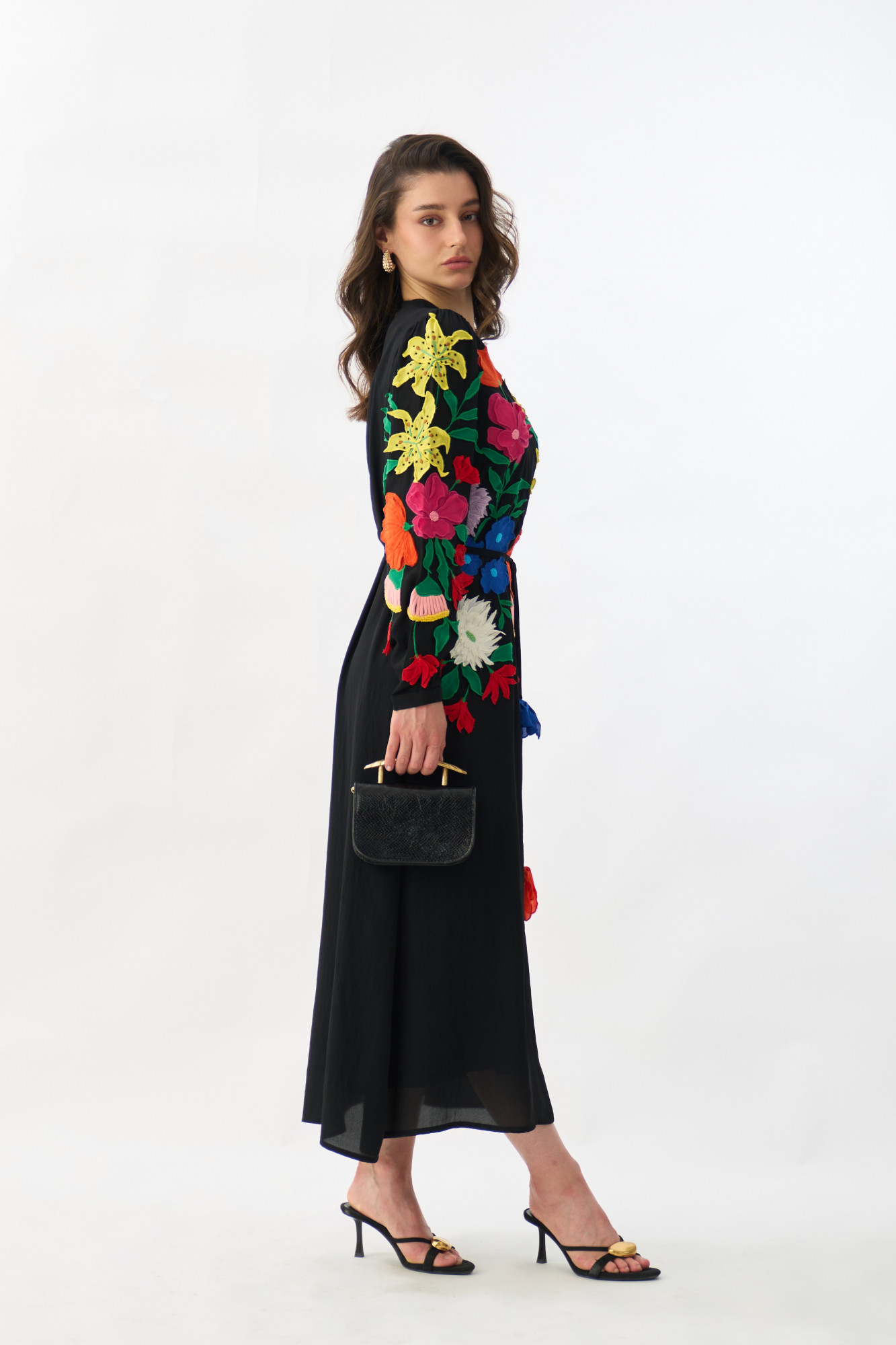 GARDEN OF SICILIA BLACK MIDI LENGTH SHIRT DRESS WITH DELICATE MULTI COLOR FLORAL EMBROIDERY