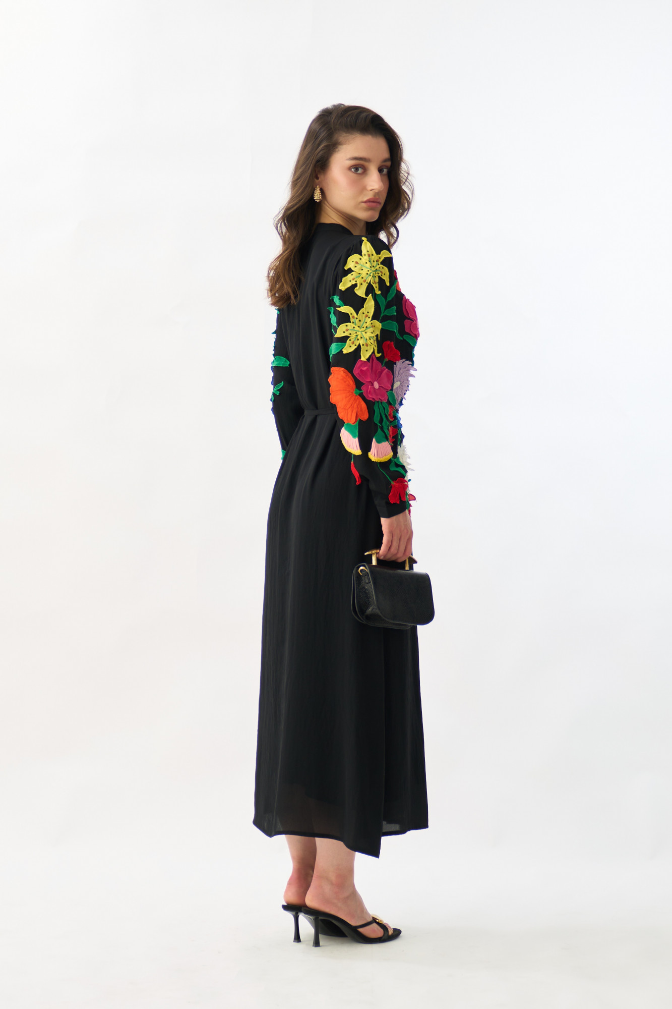 GARDEN OF SICILIA BLACK MIDI LENGTH SHIRT DRESS WITH DELICATE MULTI COLOR FLORAL EMBROIDERY
