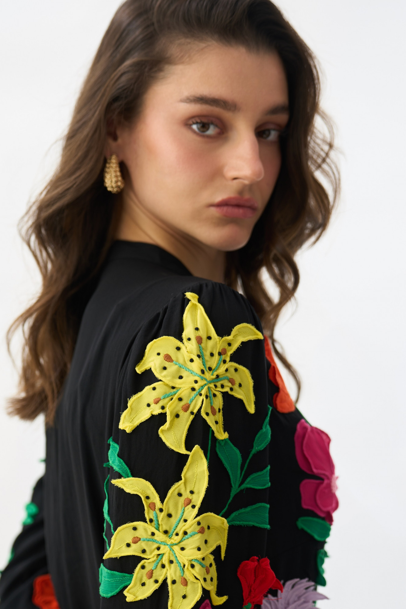 GARDEN OF SICILIA BLACK MIDI LENGTH SHIRT DRESS WITH DELICATE MULTI COLOR FLORAL EMBROIDERY