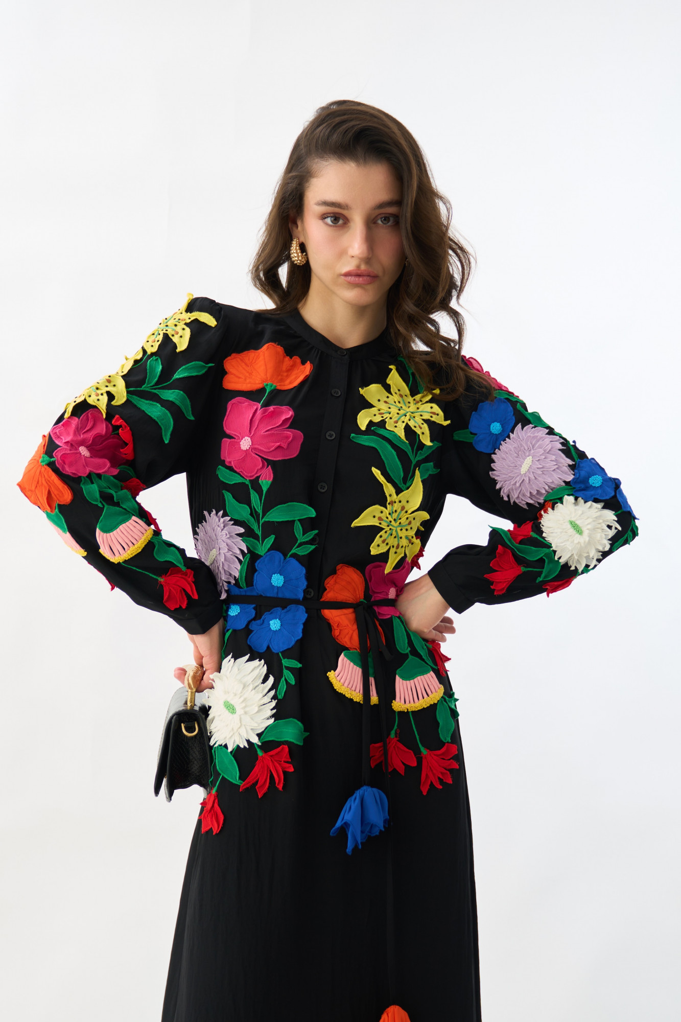 GARDEN OF SICILIA BLACK MIDI LENGTH SHIRT DRESS WITH DELICATE MULTI COLOR FLORAL EMBROIDERY