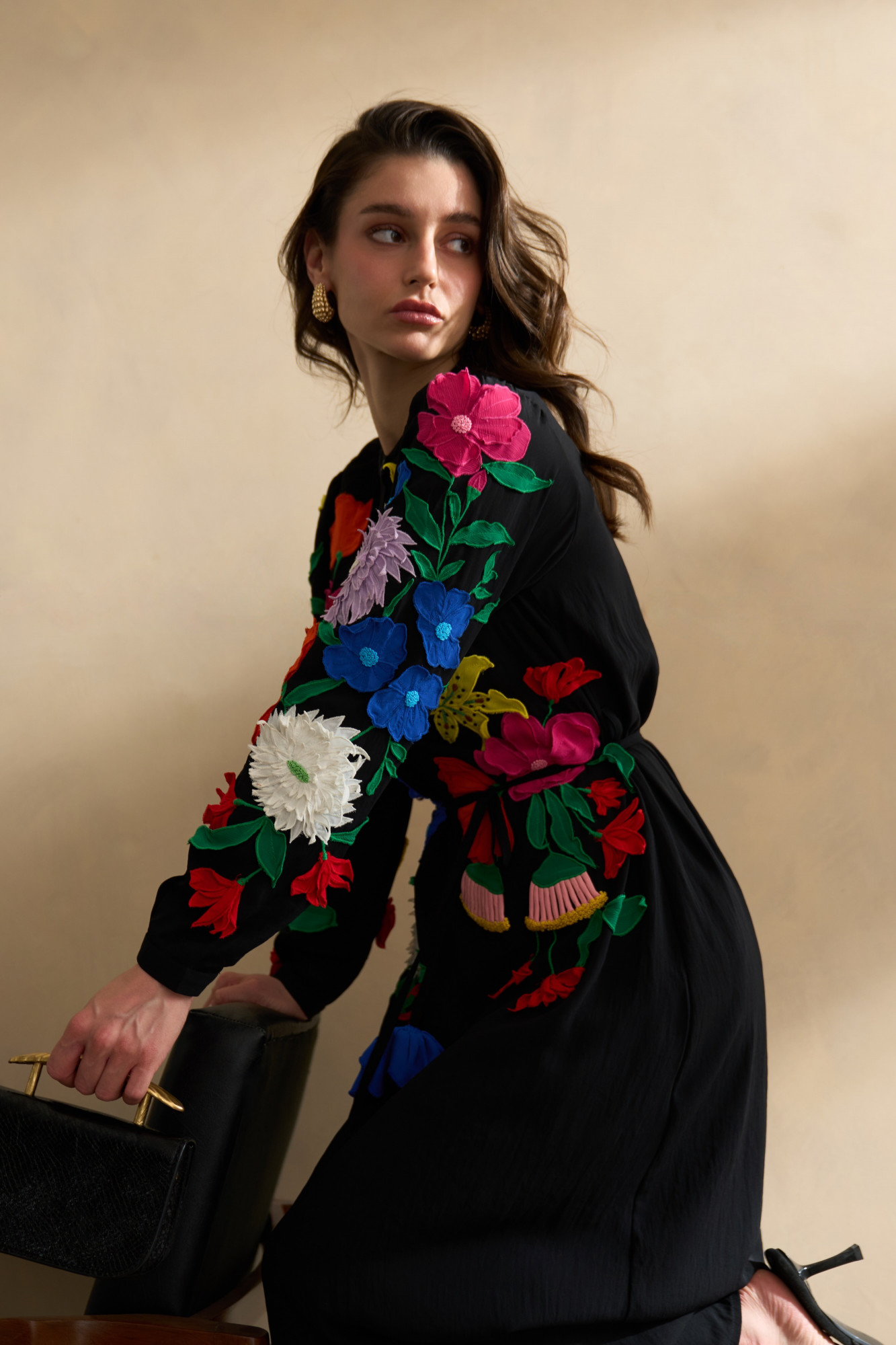 GARDEN OF SICILIA BLACK MIDI LENGTH SHIRT DRESS WITH DELICATE MULTI COLOR FLORAL EMBROIDERY