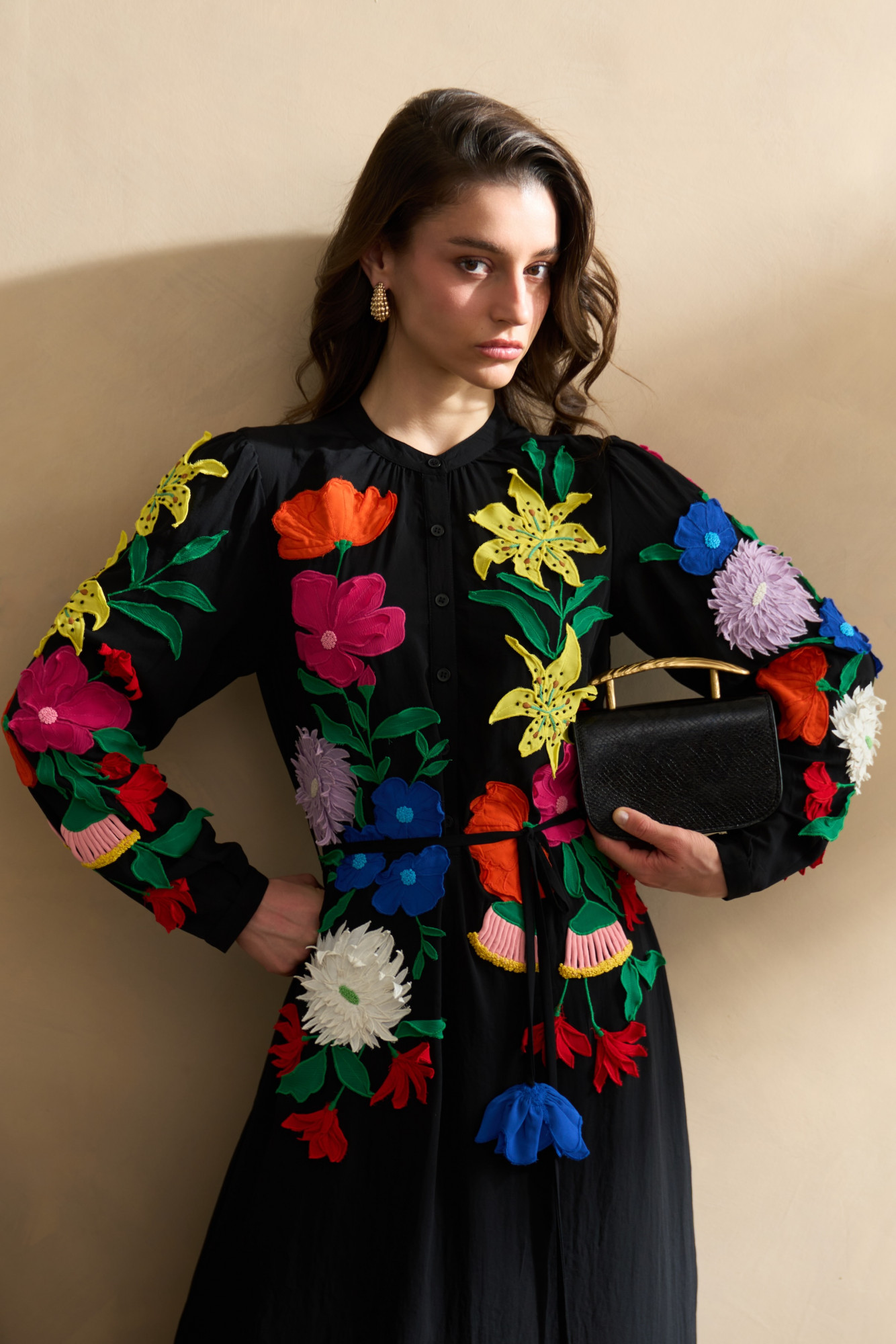 GARDEN OF SICILIA BLACK MIDI LENGTH SHIRT DRESS WITH DELICATE MULTI COLOR FLORAL EMBROIDERY