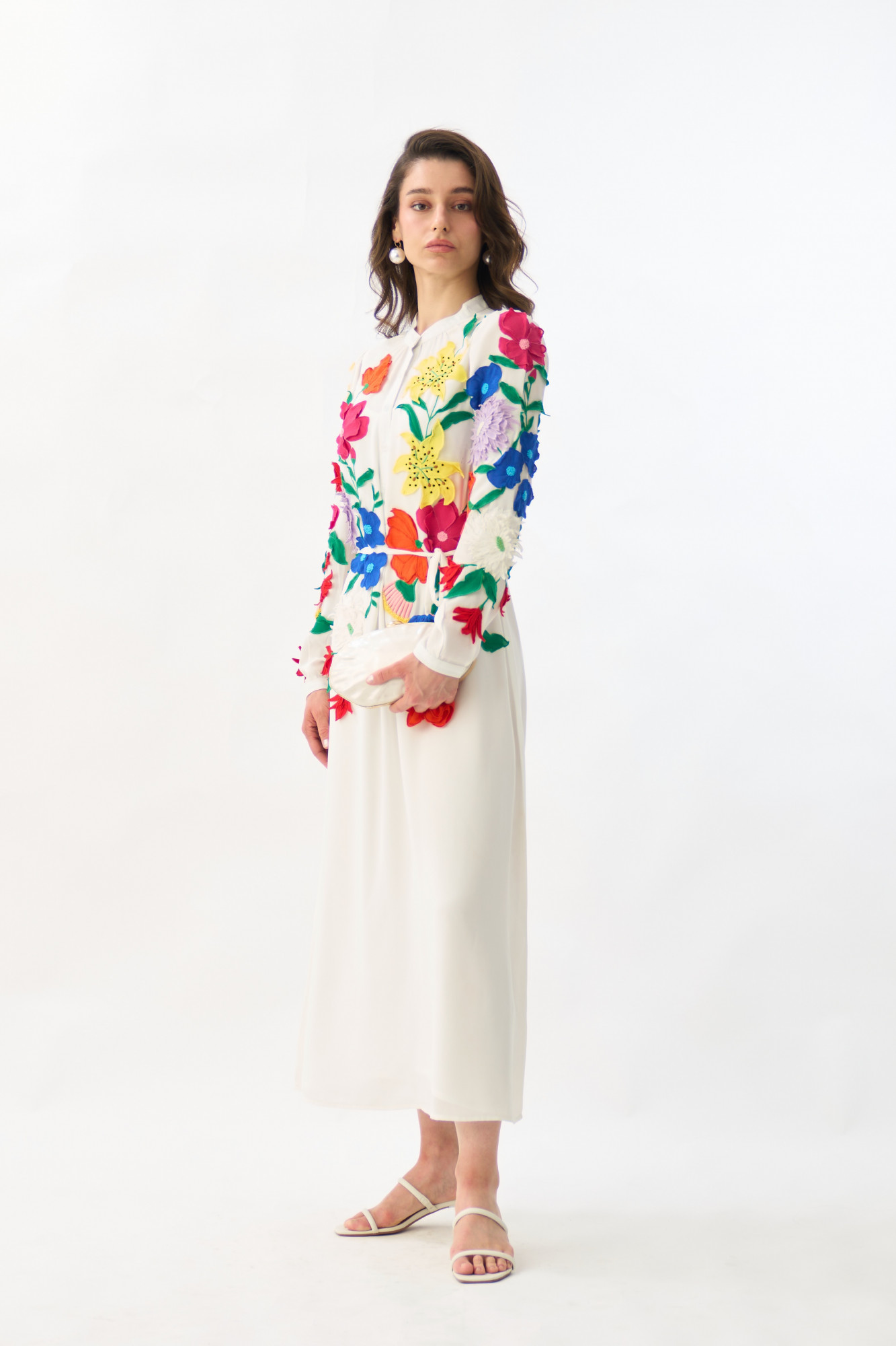 GARDEN OF SICILIA WHITE MIDI LENGTH SHIRT DRESS WITH DELICATE FLORAL MULTI COLOR EMBROIDERY
