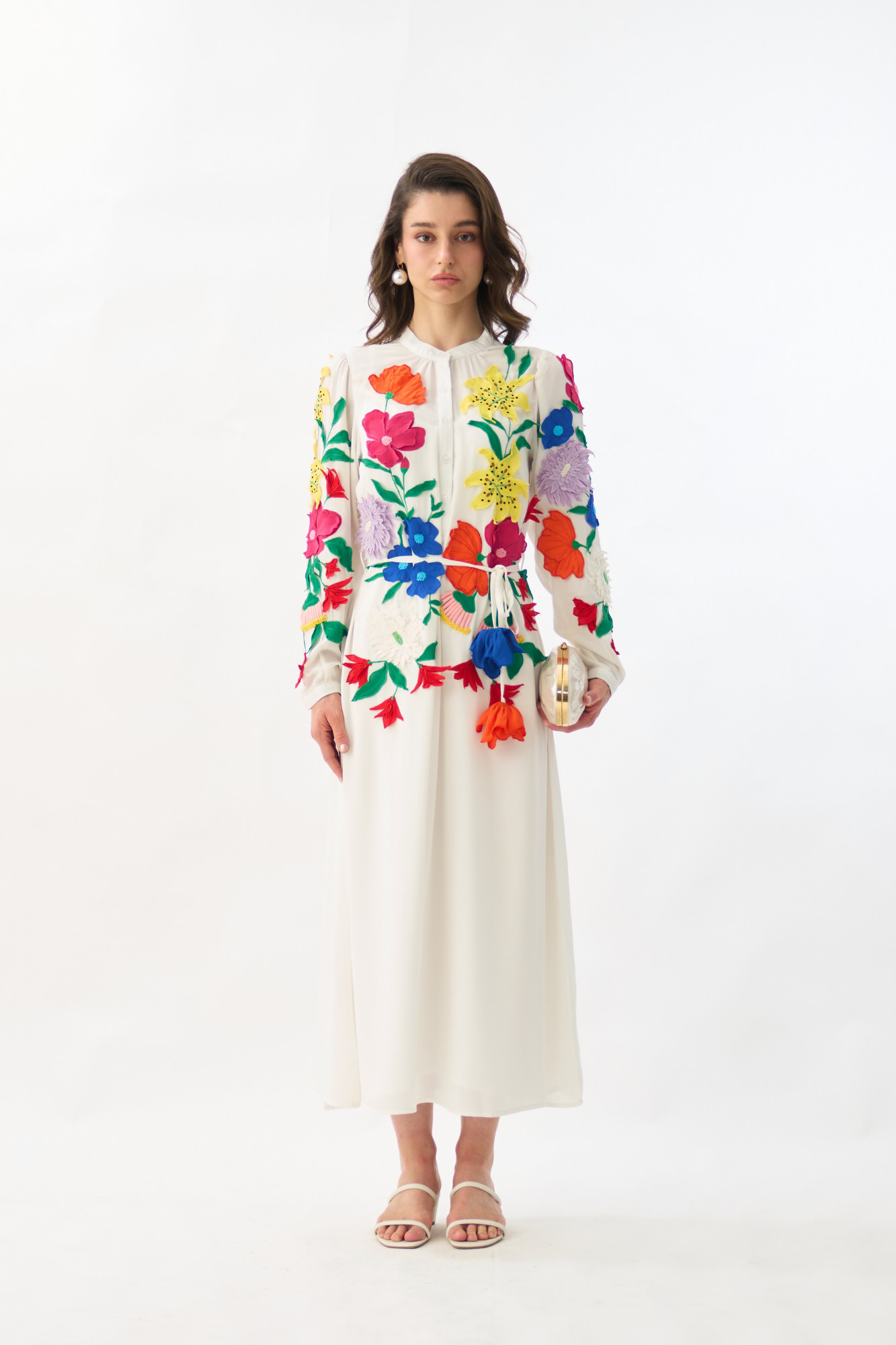 GARDEN OF SICILIA WHITE MIDI LENGTH SHIRT DRESS WITH DELICATE FLORAL MULTI COLOR EMBROIDERY