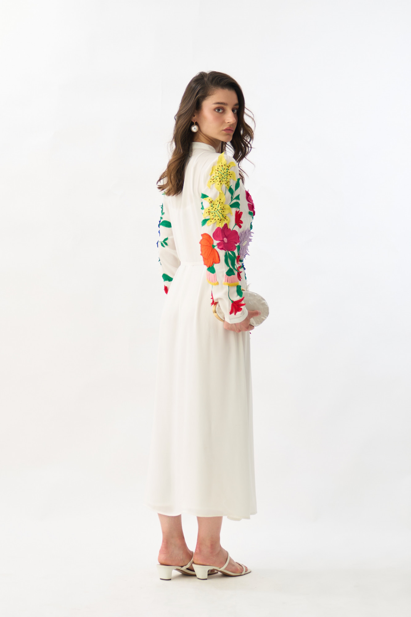 GARDEN OF SICILIA WHITE MIDI LENGTH SHIRT DRESS WITH DELICATE FLORAL MULTI COLOR EMBROIDERY
