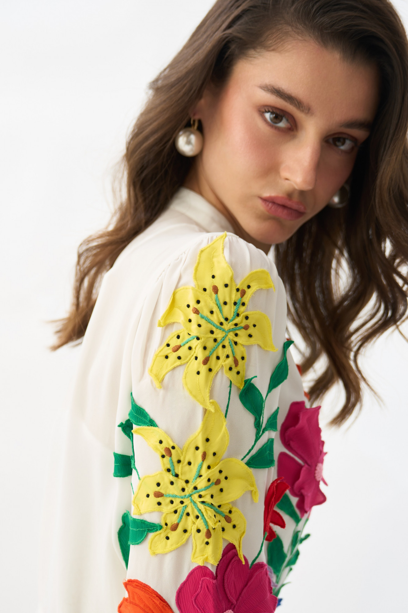 GARDEN OF SICILIA WHITE MIDI LENGTH SHIRT DRESS WITH DELICATE FLORAL MULTI COLOR EMBROIDERY