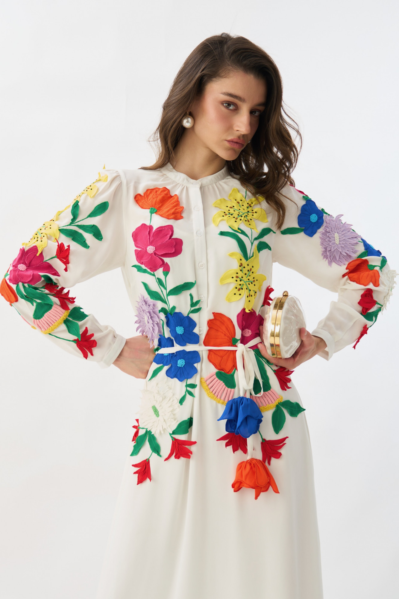 GARDEN OF SICILIA WHITE MIDI LENGTH SHIRT DRESS WITH DELICATE FLORAL MULTI COLOR EMBROIDERY