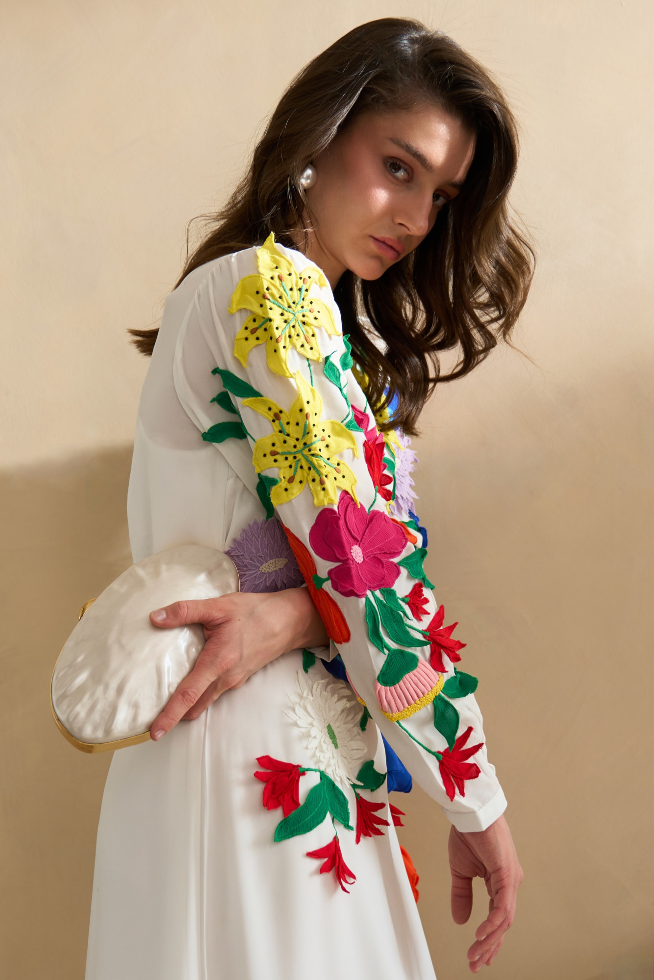 GARDEN OF SICILIA WHITE MIDI LENGTH SHIRT DRESS WITH DELICATE FLORAL MULTI COLOR EMBROIDERY