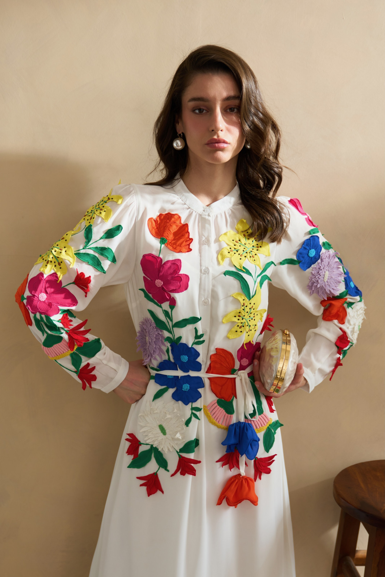 GARDEN OF SICILIA WHITE MIDI LENGTH SHIRT DRESS WITH DELICATE FLORAL MULTI COLOR EMBROIDERY