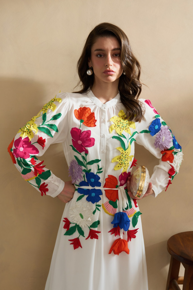 Image of GARDEN OF SICILIA WHITE MIDI LENGTH SHIRT DRESS WITH DELICATE FLORAL MULTI COLOR EMBROIDERY
