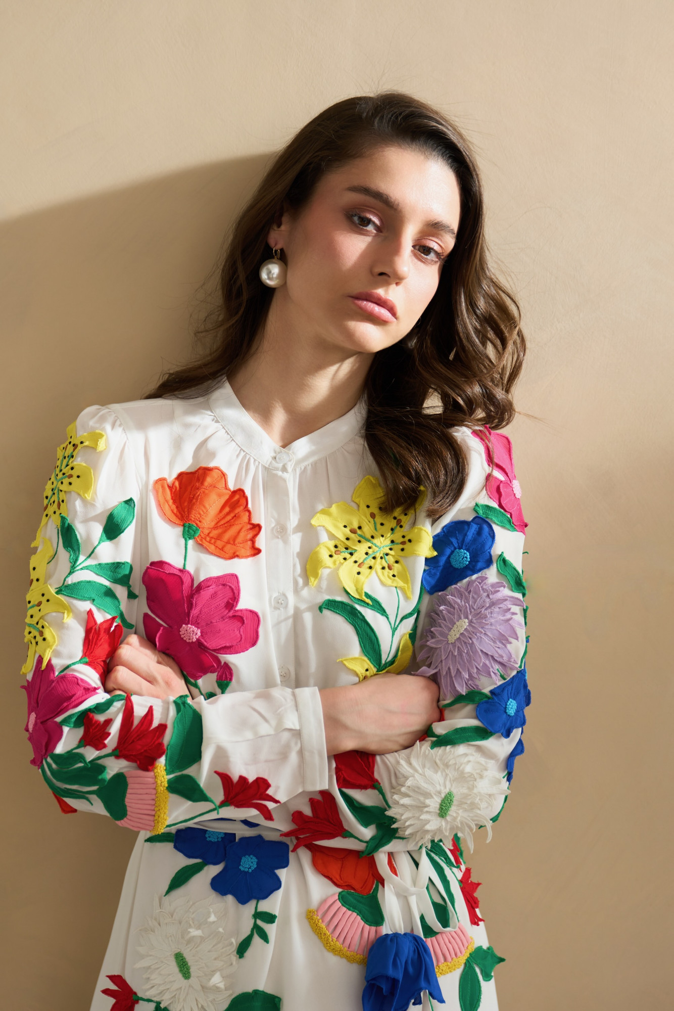 GARDEN OF SICILIA WHITE MIDI LENGTH SHIRT DRESS WITH DELICATE FLORAL MULTI COLOR EMBROIDERY