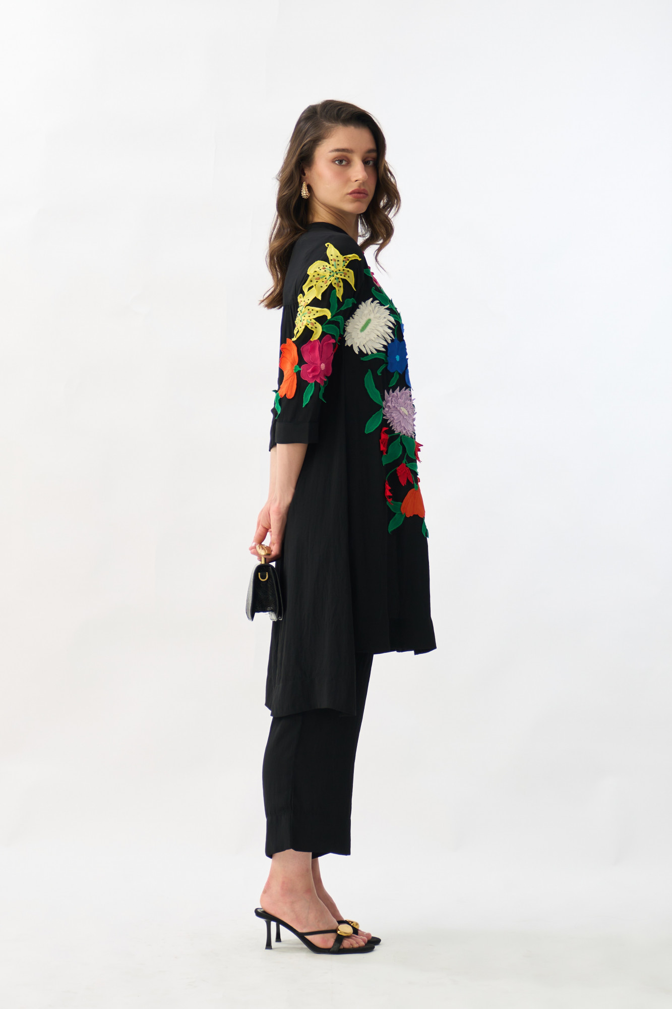 GARDEN OF SICILIA BLACK TUNIC AND PANT CO-ORD SET WITH MULTI COLOR FLORAL EMBROIDERY
