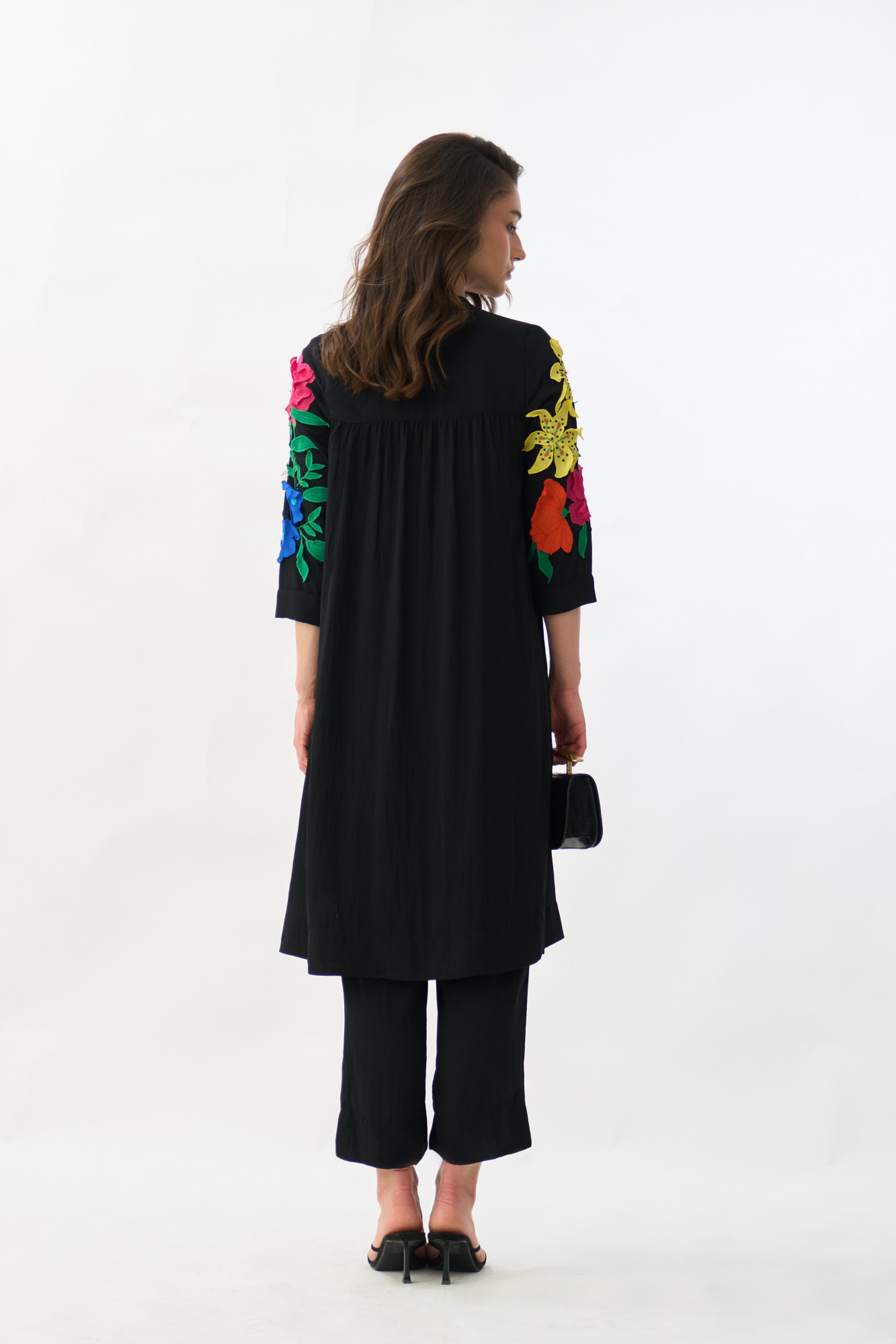 GARDEN OF SICILIA BLACK TUNIC AND PANT CO-ORD SET WITH MULTI COLOR FLORAL EMBROIDERY