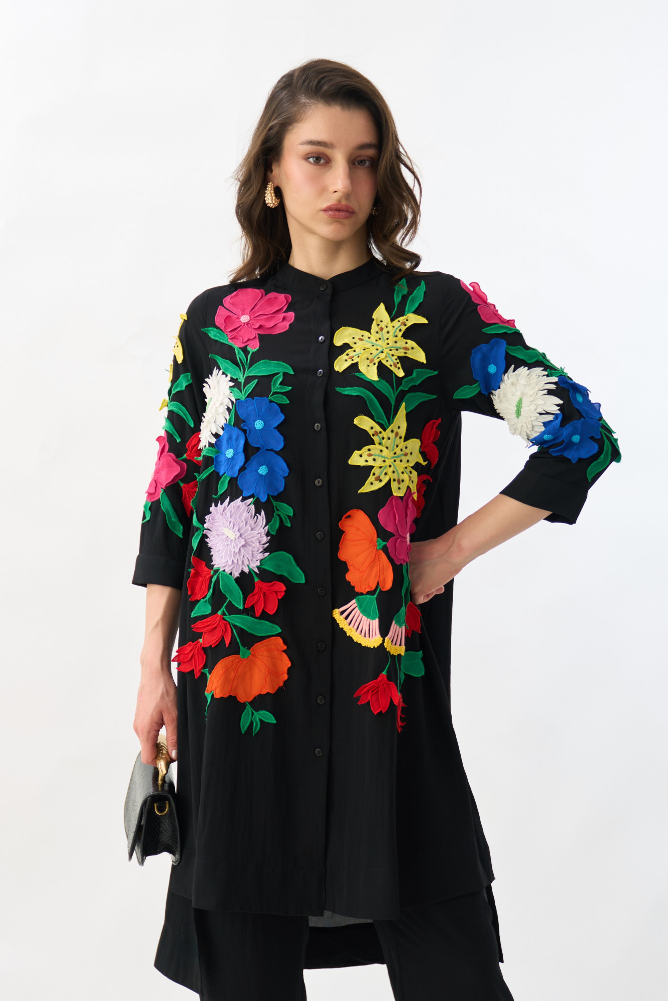 GARDEN OF SICILIA BLACK TUNIC AND PANT CO-ORD SET WITH MULTI COLOR FLORAL EMBROIDERY