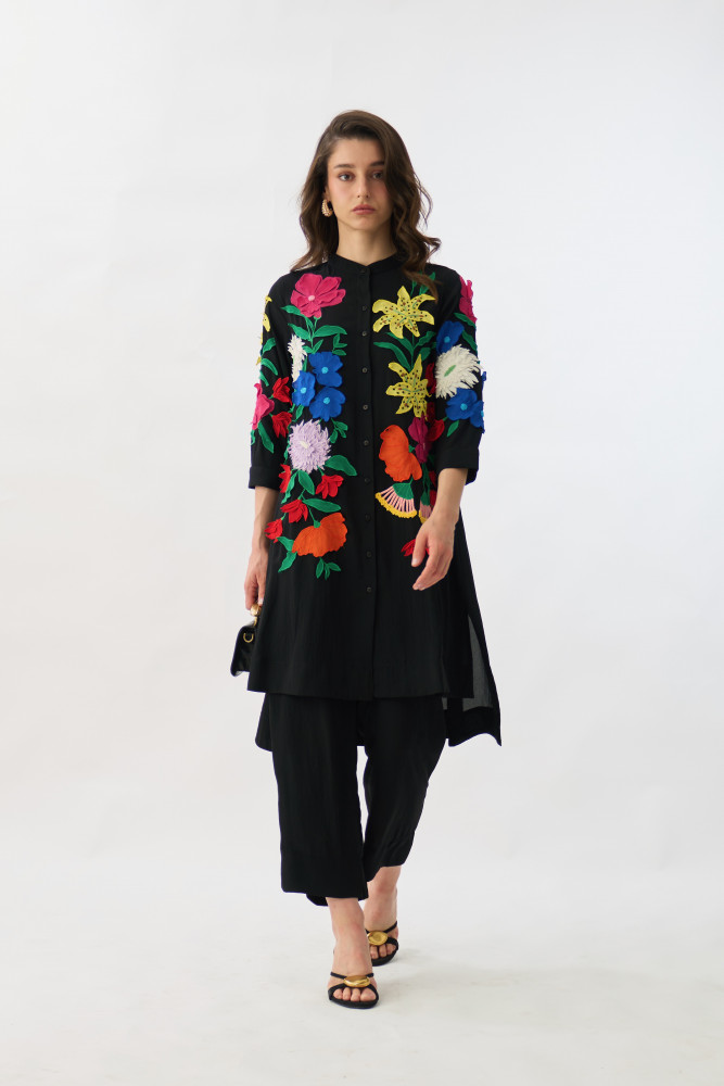 Image of GARDEN OF SICILIA BLACK TUNIC AND PANT CO-ORD SET WITH MULTI COLOR FLORAL EMBROIDERY
