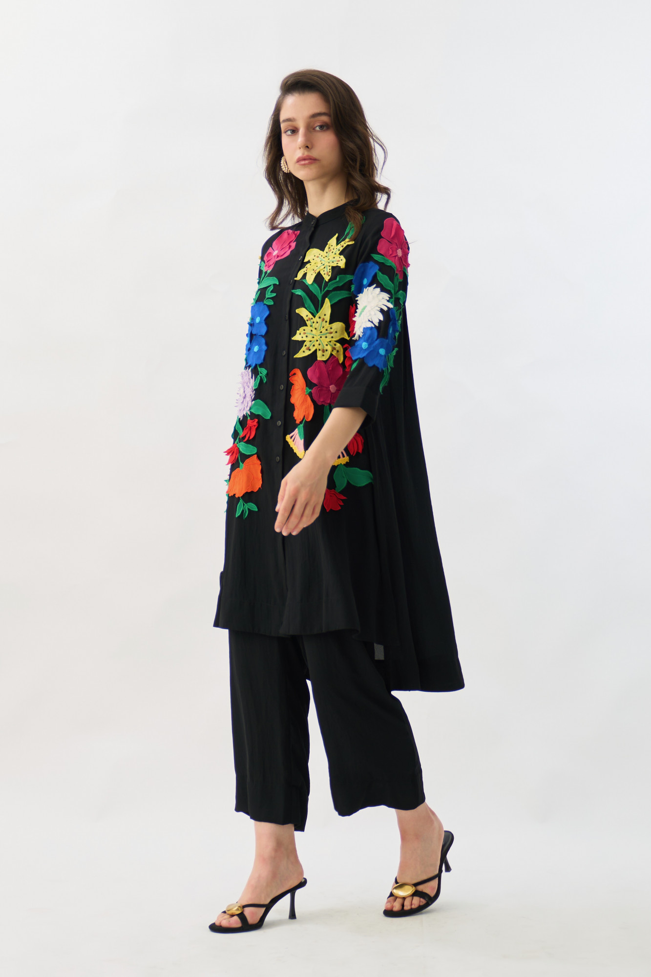 GARDEN OF SICILIA BLACK TUNIC AND PANT CO-ORD SET WITH MULTI COLOR FLORAL EMBROIDERY