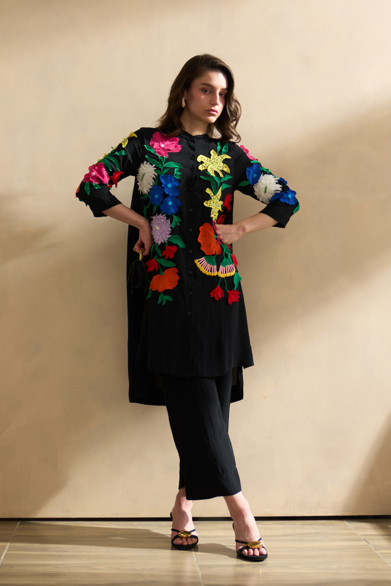 GARDEN OF SICILIA BLACK TUNIC AND PANT CO-ORD SET WITH MULTI COLOR FLORAL EMBROIDERY