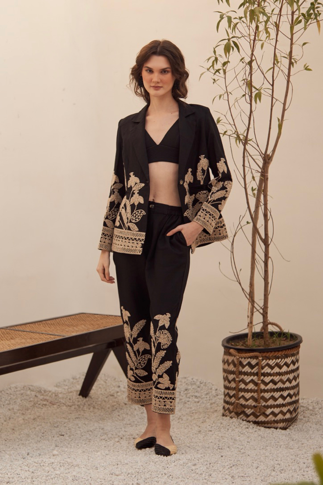 MALIBU BLACK LINEN JUTE DORI EMBROIDERED SUMMER JACKET CO-ORDINATE WITH EMBROIDERED PANTS