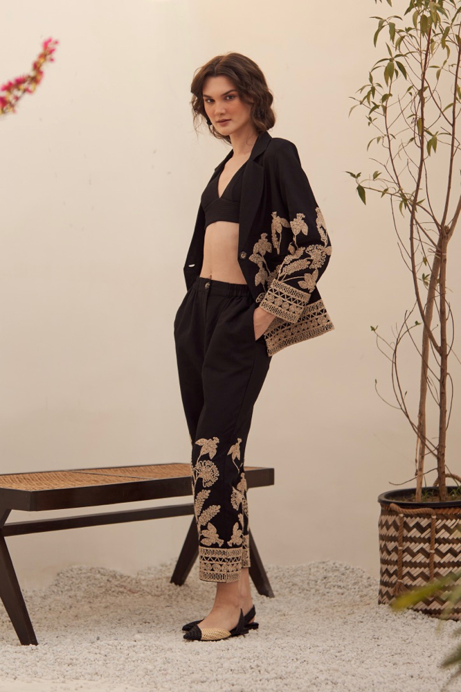 MALIBU BLACK LINEN JUTE DORI EMBROIDERED SUMMER JACKET CO-ORDINATE WITH EMBROIDERED PANTS