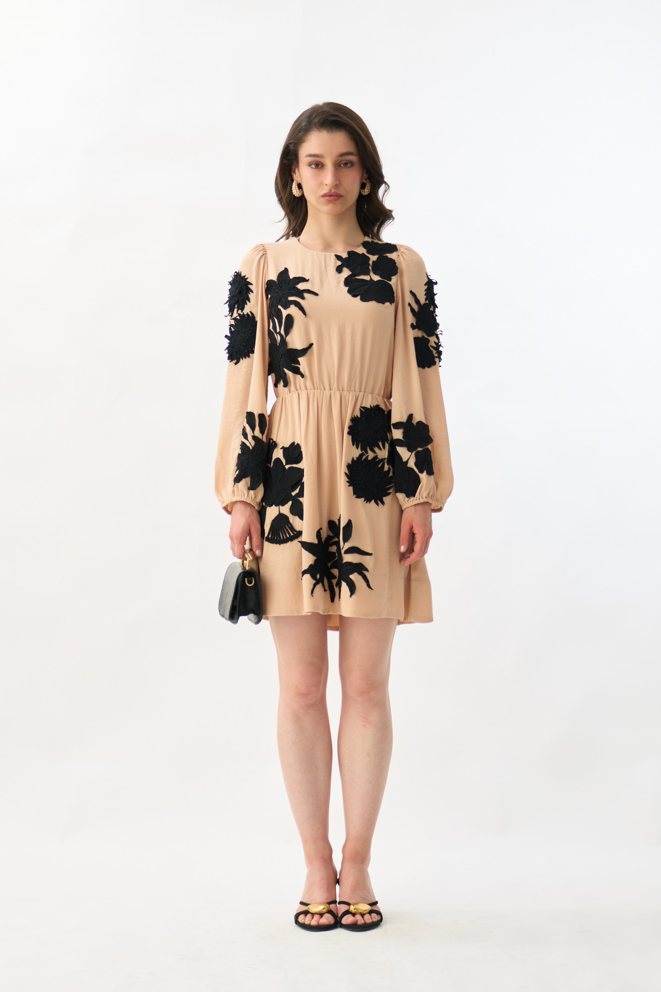 GARDEN OF SICILIA BEIGE KNEE LENGTH DRESS WITH DELICATE BLACK FLORAL EMBROIDERY ALL OVER