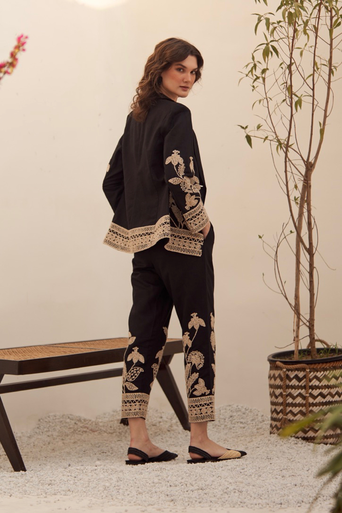 MALIBU BLACK LINEN JUTE DORI EMBROIDERED SUMMER JACKET CO-ORDINATE WITH EMBROIDERED PANTS