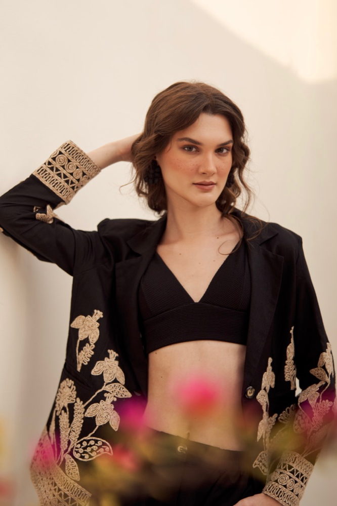 MALIBU BLACK LINEN JUTE DORI EMBROIDERED SUMMER JACKET CO-ORDINATE WITH EMBROIDERED PANTS