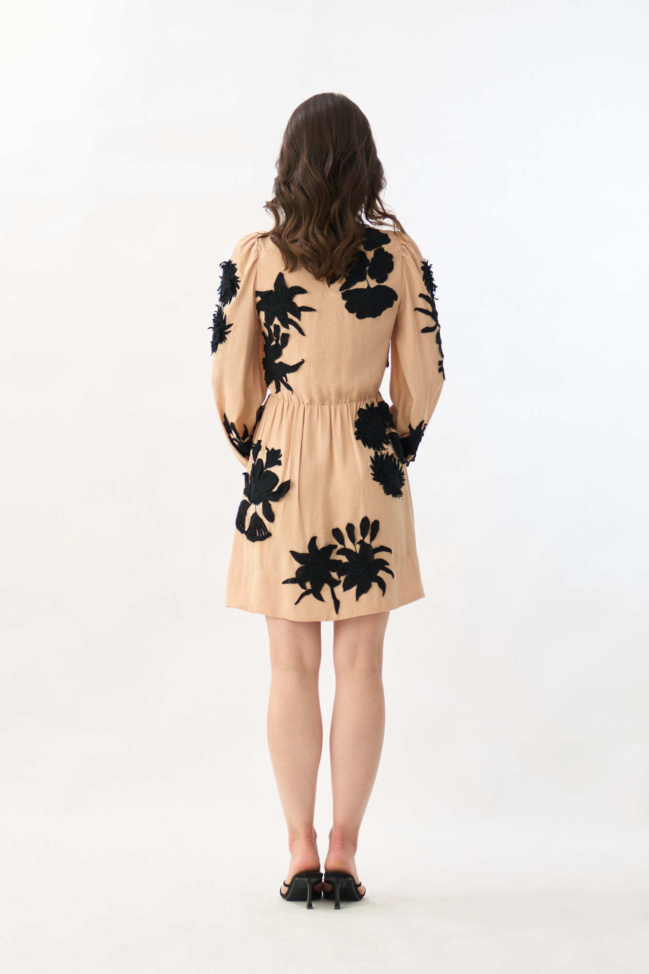 GARDEN OF SICILIA BEIGE KNEE LENGTH DRESS WITH DELICATE BLACK FLORAL EMBROIDERY ALL OVER