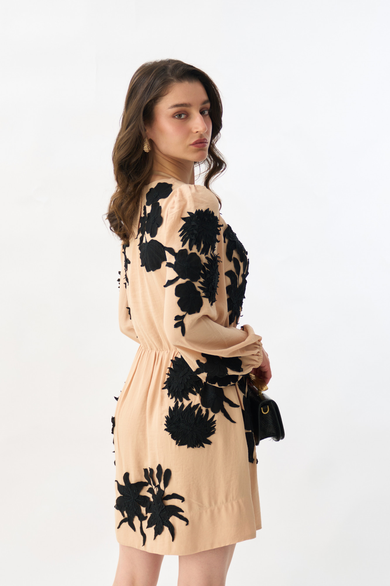 GARDEN OF SICILIA BEIGE KNEE LENGTH DRESS WITH DELICATE BLACK FLORAL EMBROIDERY ALL OVER