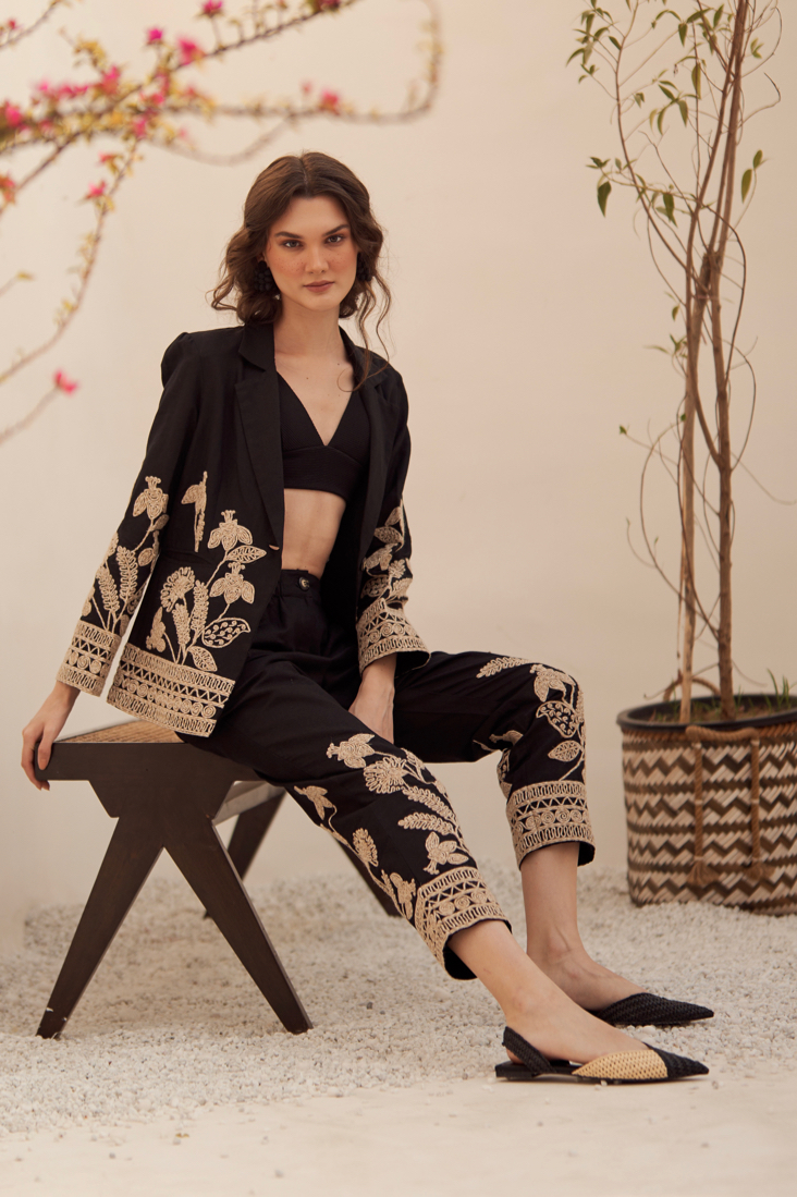 MALIBU BLACK LINEN JUTE DORI EMBROIDERED SUMMER JACKET CO-ORDINATE WITH EMBROIDERED PANTS