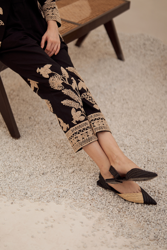 MALIBU BLACK LINEN JUTE DORI EMBROIDERED SUMMER JACKET CO-ORDINATE WITH EMBROIDERED PANTS