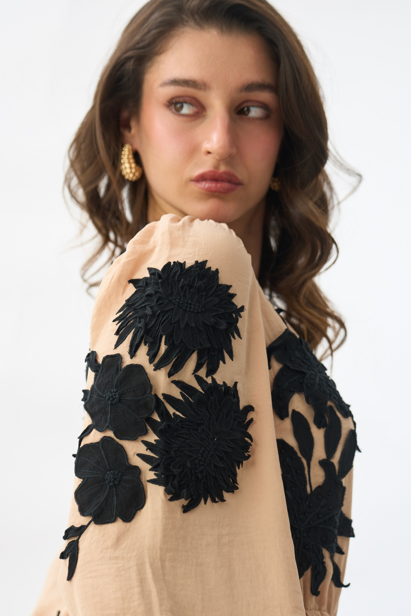 GARDEN OF SICILIA BEIGE KNEE LENGTH DRESS WITH DELICATE BLACK FLORAL EMBROIDERY ALL OVER