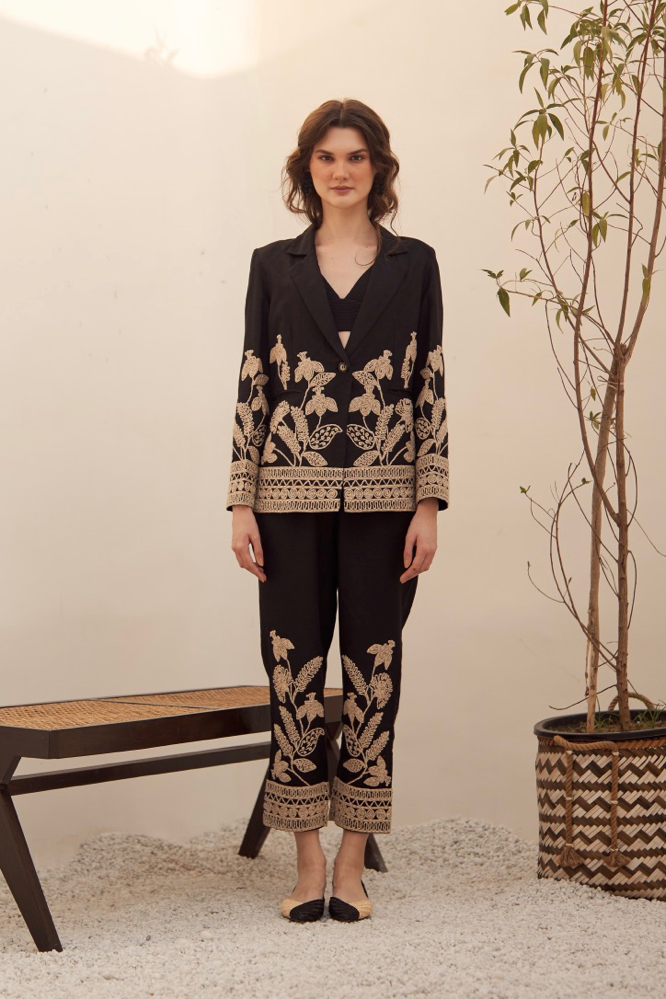 MALIBU BLACK LINEN JUTE DORI EMBROIDERED SUMMER JACKET CO-ORDINATE WITH EMBROIDERED PANTS