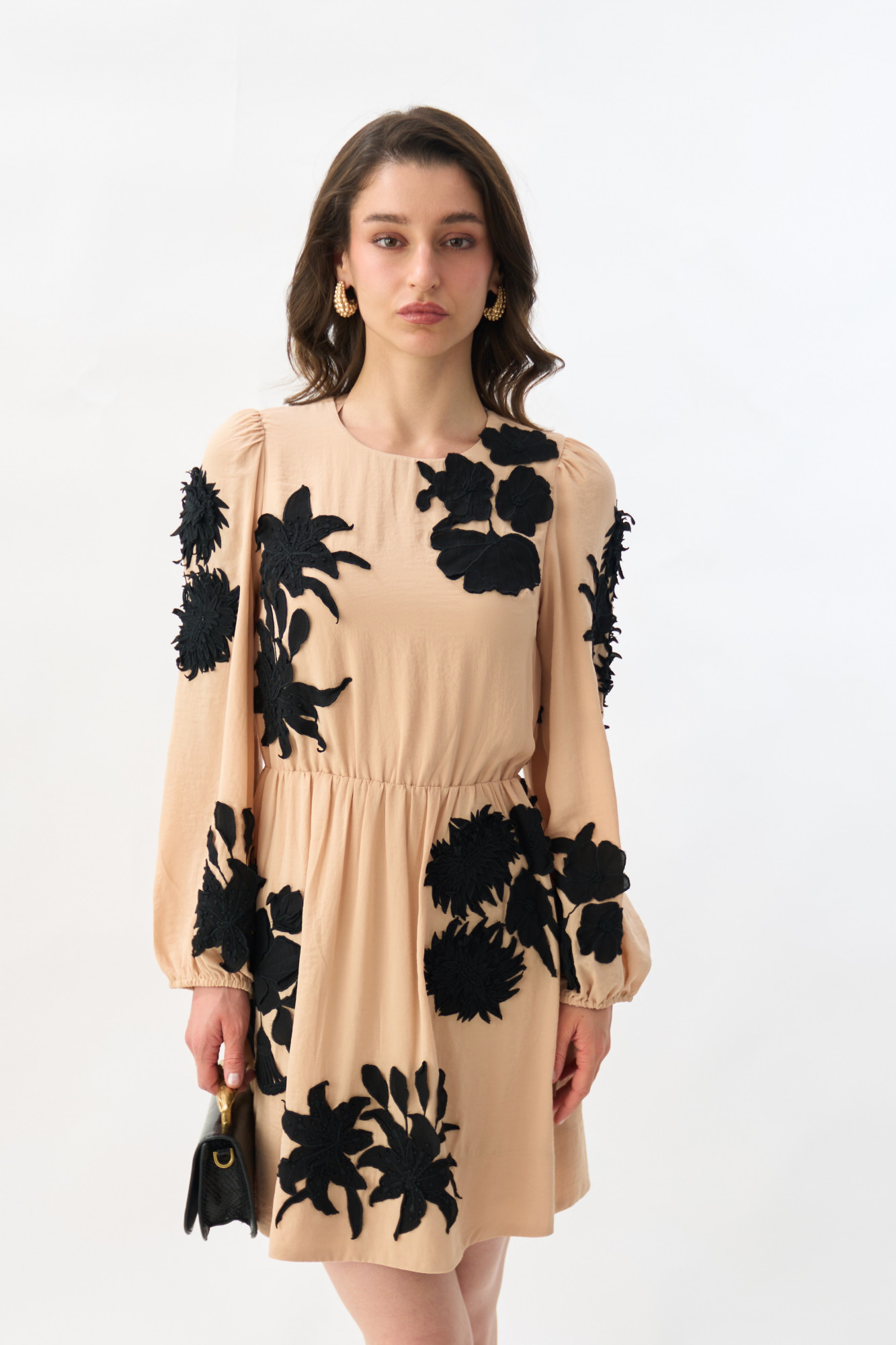 GARDEN OF SICILIA BEIGE KNEE LENGTH DRESS WITH DELICATE BLACK FLORAL EMBROIDERY ALL OVER
