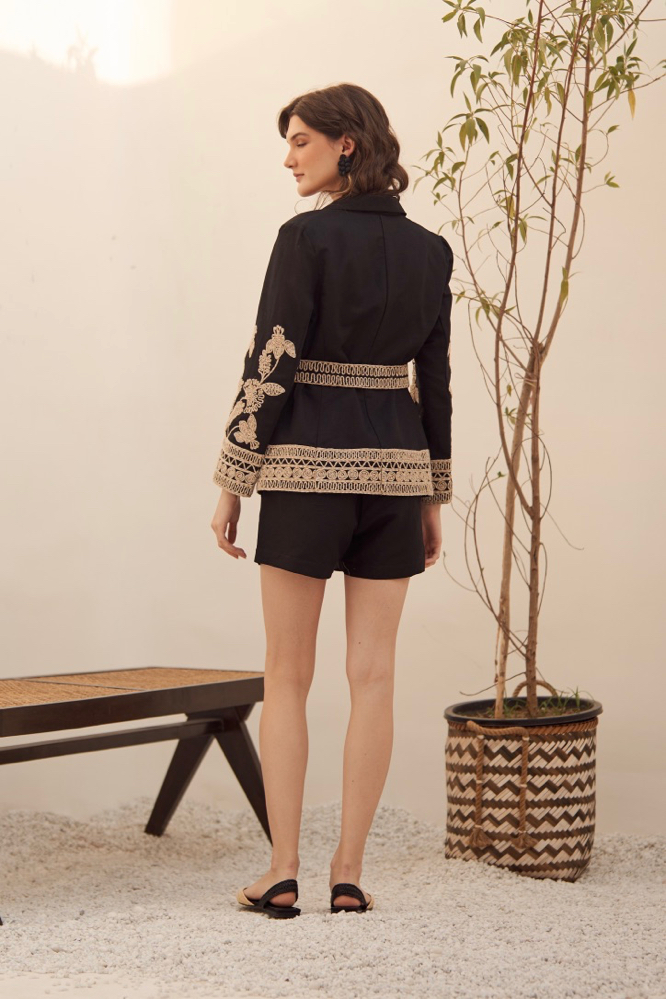 MALIBU BLACK LINEN SUMMER JACKET CO-ORDINATE WITH JUTE DORI EMBROIDERY PLAIN SHORTS EMBROIDERED BELT
