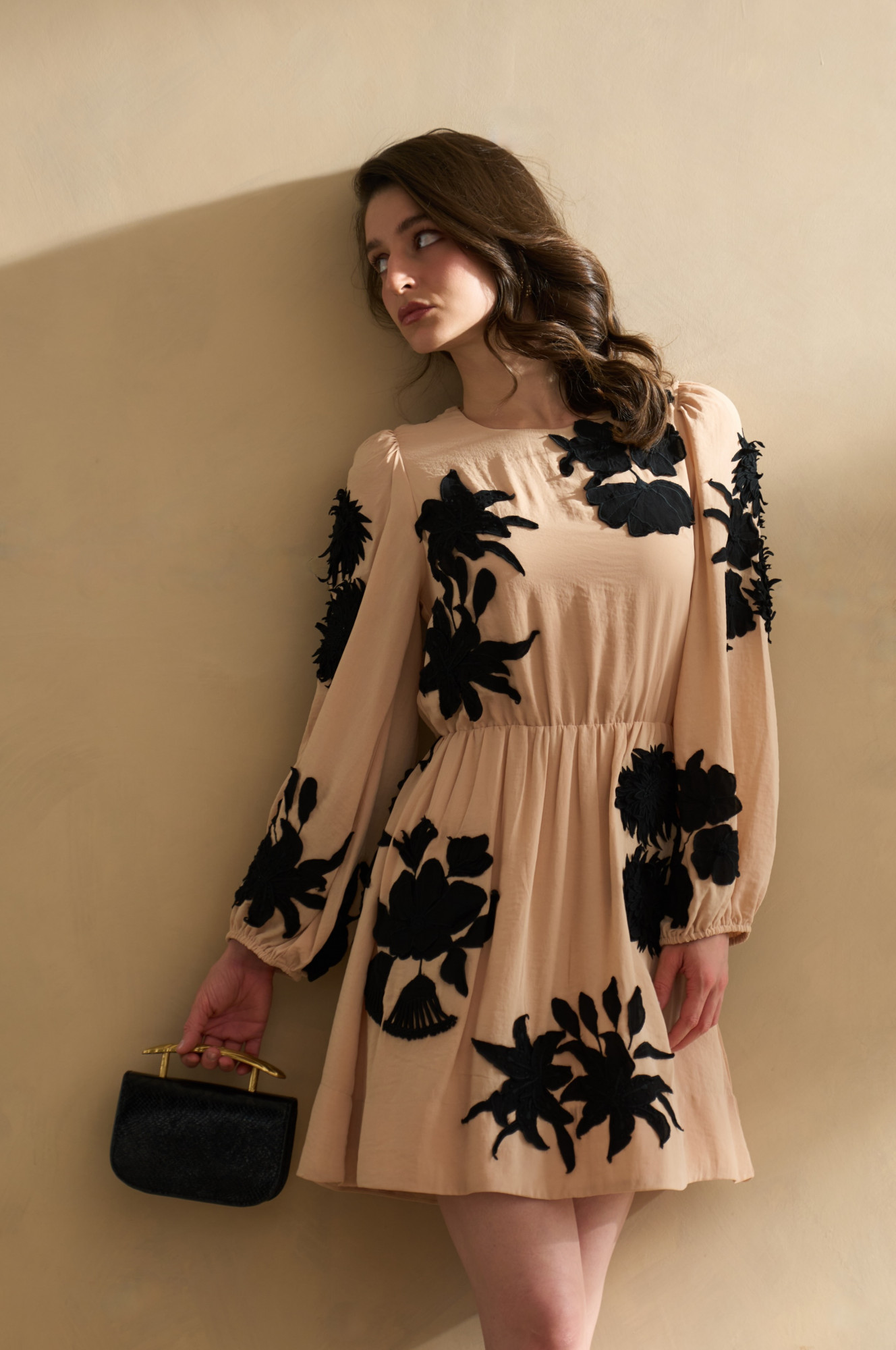 GARDEN OF SICILIA BEIGE KNEE LENGTH DRESS WITH DELICATE BLACK FLORAL EMBROIDERY ALL OVER