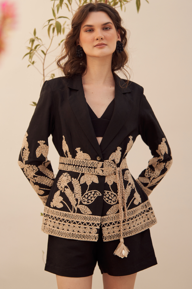 MALIBU BLACK LINEN SUMMER JACKET CO-ORDINATE WITH JUTE DORI EMBROIDERY PLAIN SHORTS EMBROIDERED BELT