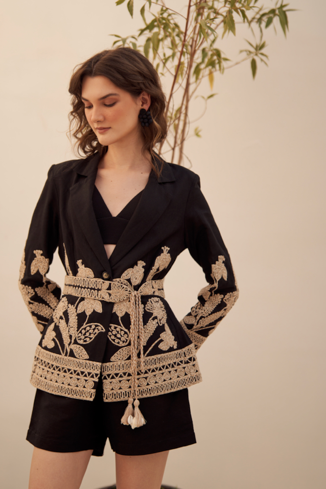 MALIBU BLACK LINEN SUMMER JACKET CO-ORDINATE WITH JUTE DORI EMBROIDERY PLAIN SHORTS EMBROIDERED BELT