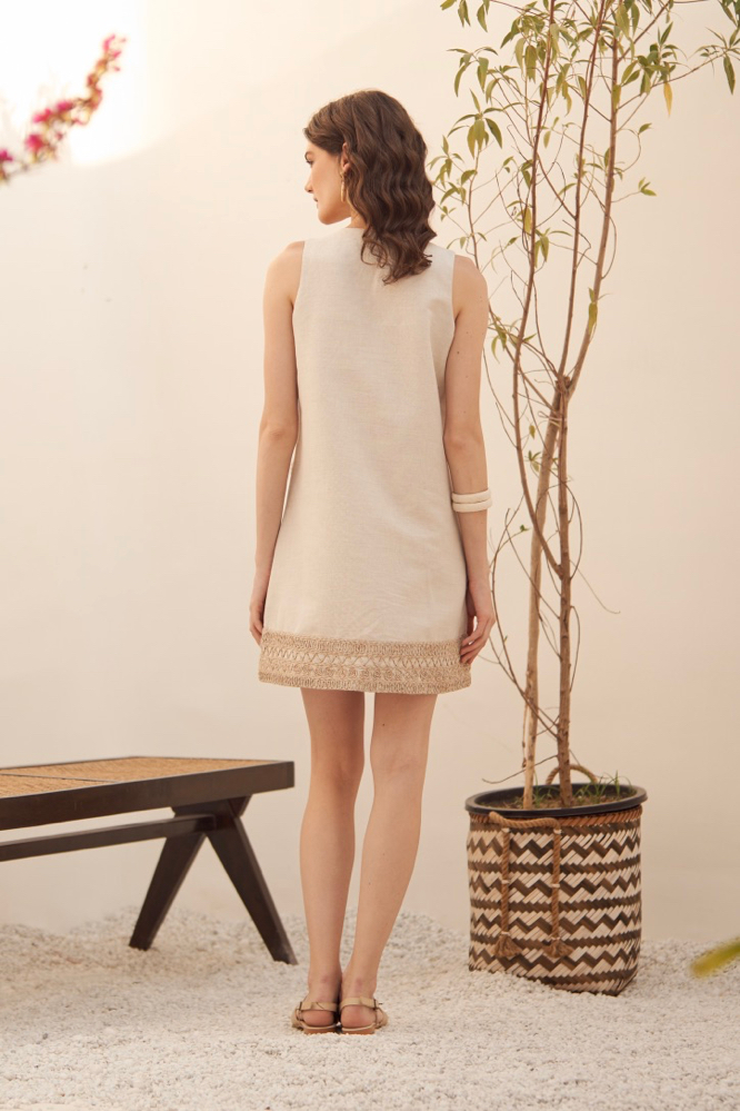 MALIBU ECRU LINEN SLEEVELESS V NECK KNEE LENGTH SUMMER SHIFT DRESS WITH JUTE DORI HAND EMBROIDERY