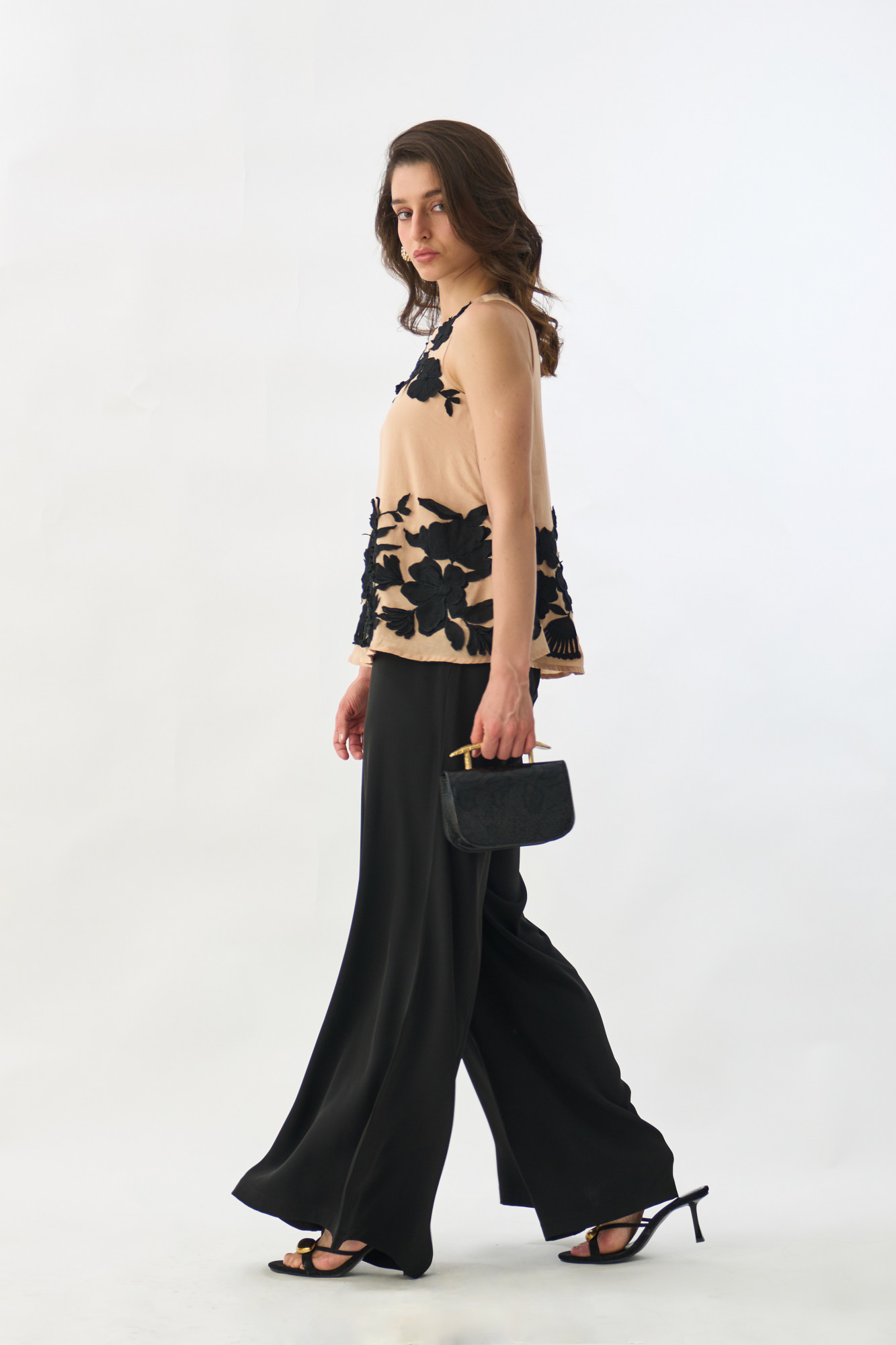 GARDEN OF SICILIA BEIDE COLOR EMBROIDERED TOP WITH BLACK COLOR PANT CO-ORD SET