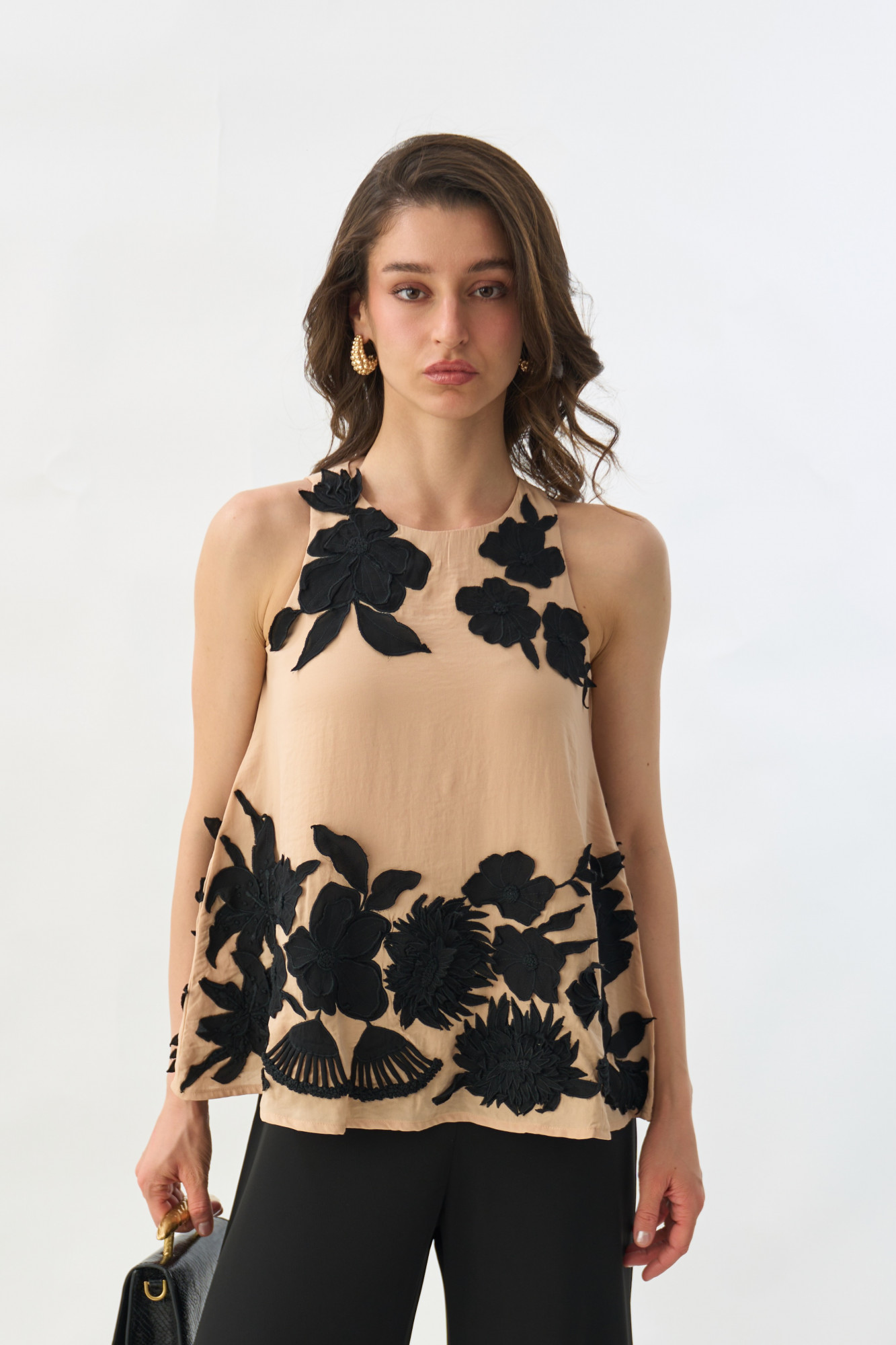 GARDEN OF SICILIA BEIDE COLOR EMBROIDERED TOP WITH BLACK COLOR PANT CO-ORD SET