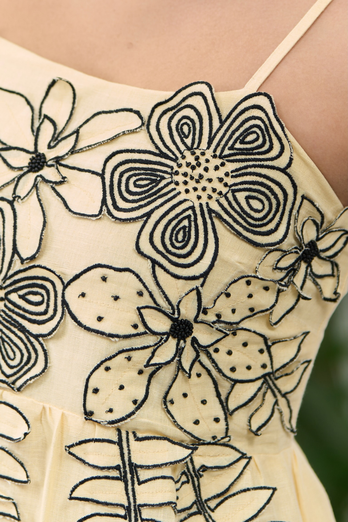 ATELIER RIVIERA BUTTERMILK COLOR COTTON LINEN MIDI LENGTH DRESS WITH 3D FLOWER EMBROIDERY