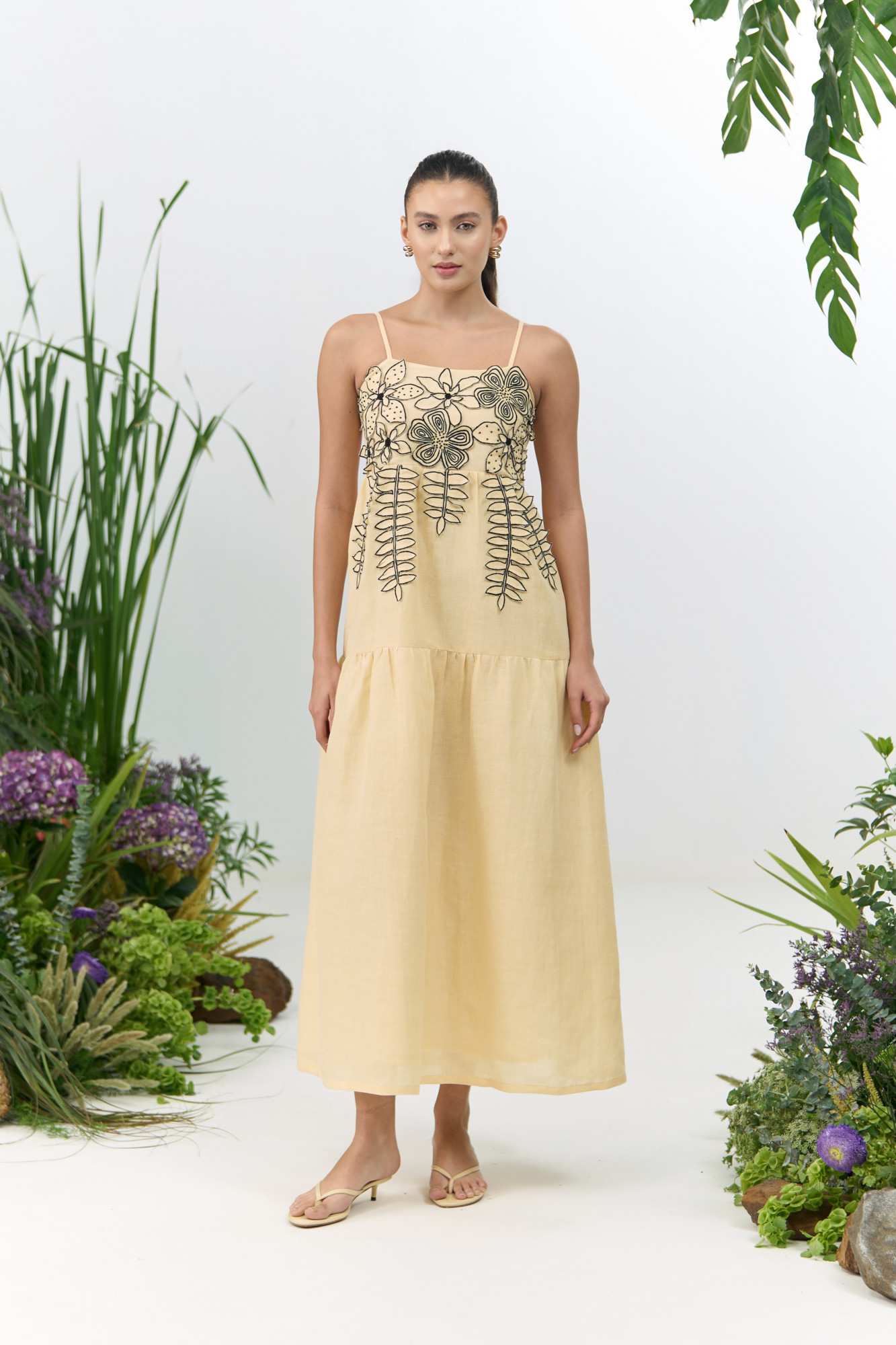 ATELIER RIVIERA BUTTERMILK COLOR COTTON LINEN MIDI LENGTH DRESS WITH 3D FLOWER EMBROIDERY